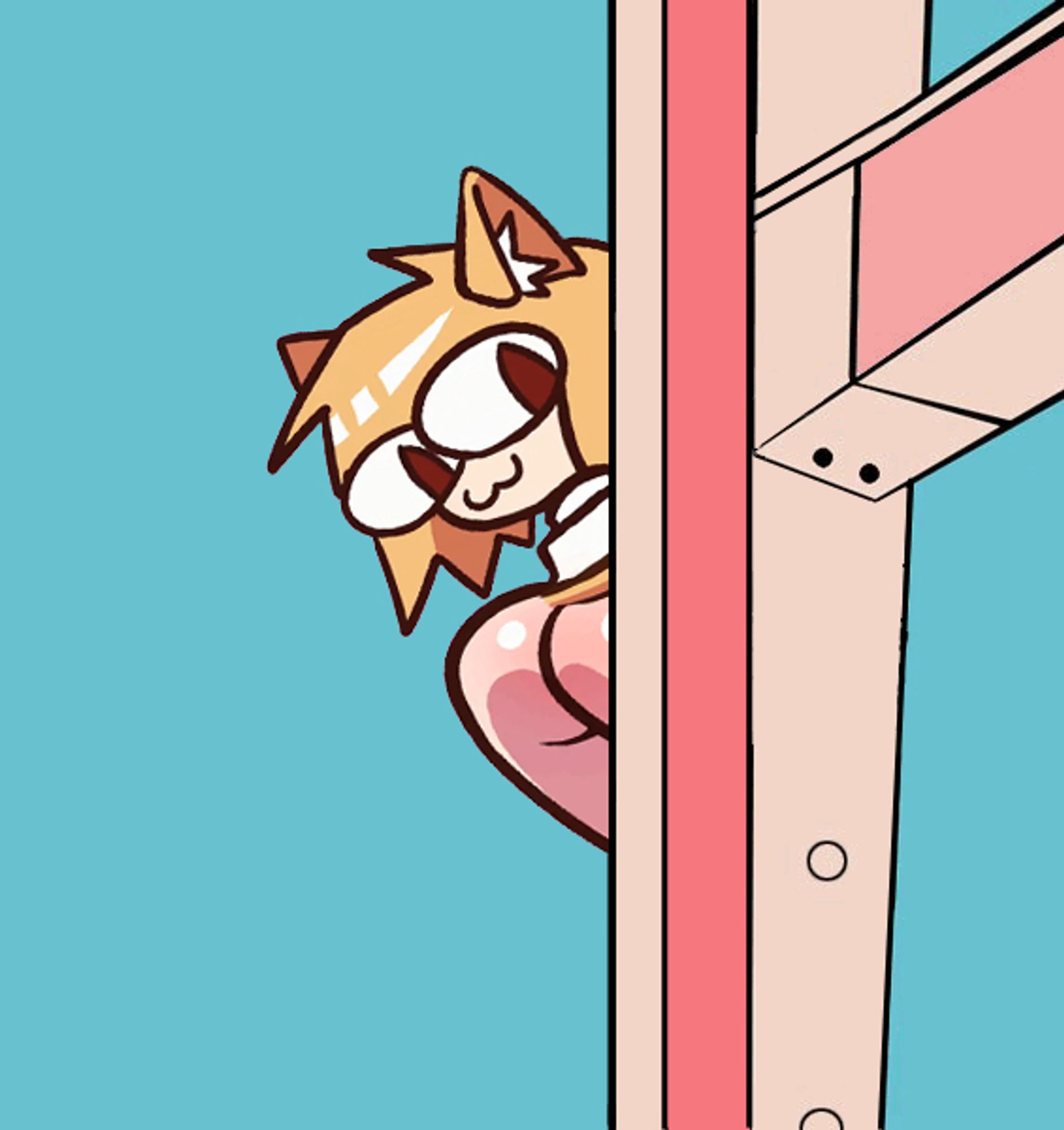 Neco Arc peeking her face and ass out from behind a steel frame.