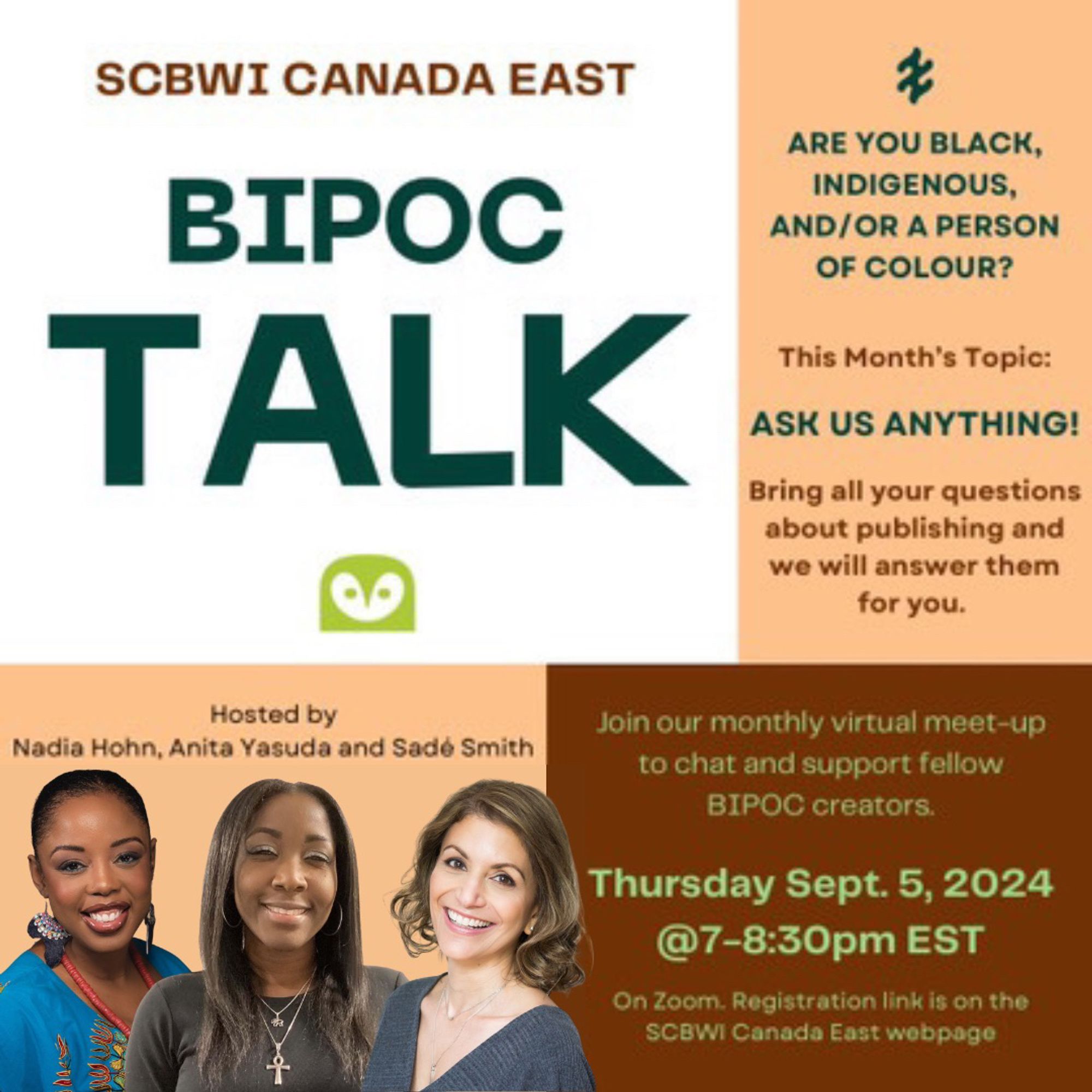 SCBWI Canada East ВIPOC Talk meeting announcement for Thursday, Sept. 5, 2024 at 7:00pm