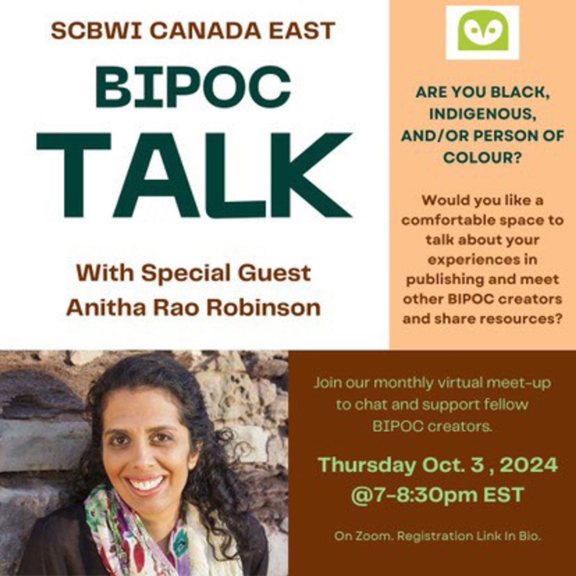 BIPOC Talk meeting announcement for Oct. 3, 2024 with special guest Anitha Rao Robinson