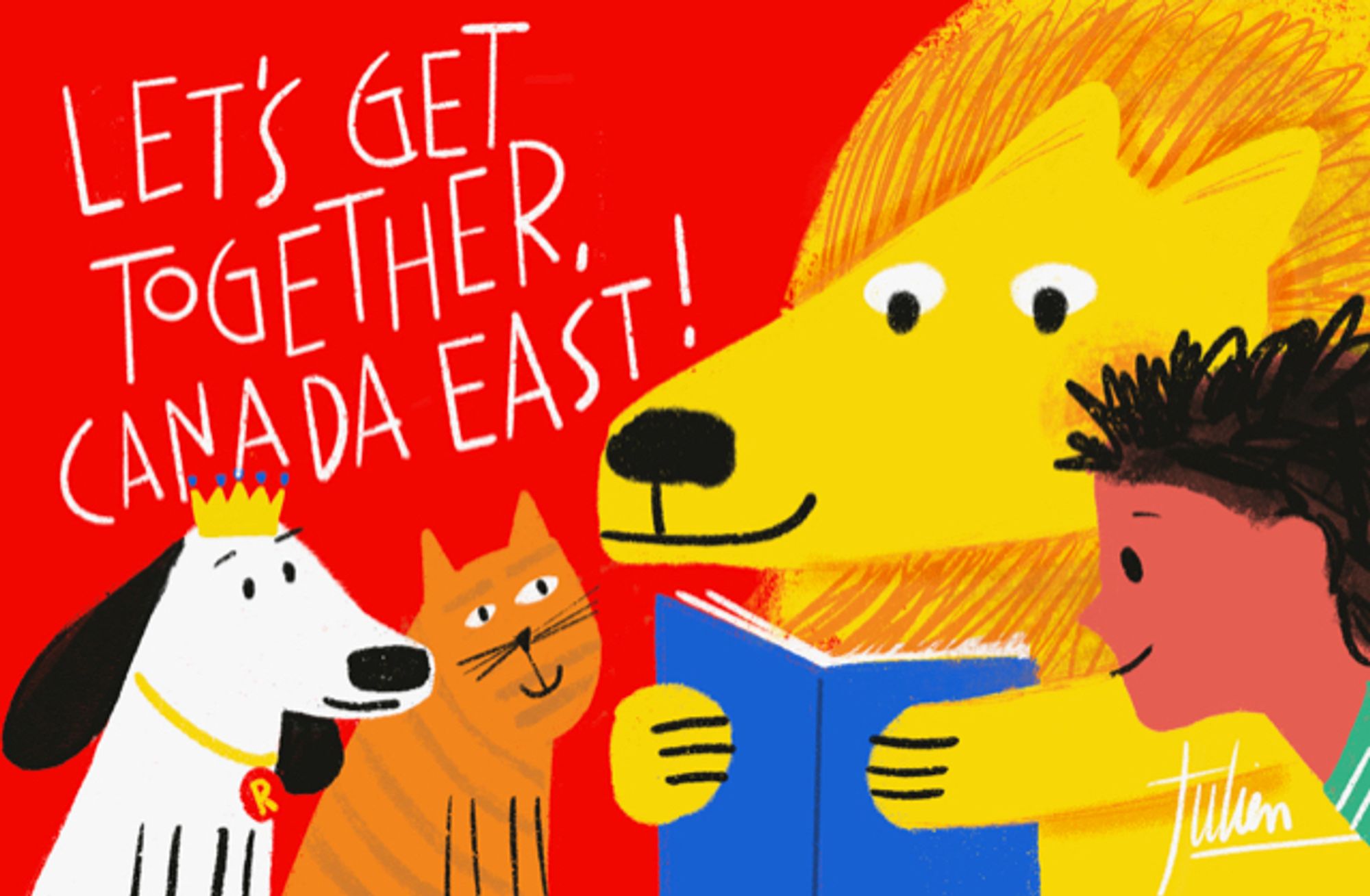 Logo for the Let's Get-Together Canada East meetings. The image, by Julien Chung,  has a lion reading a book to a dog, a cat, and a boy.