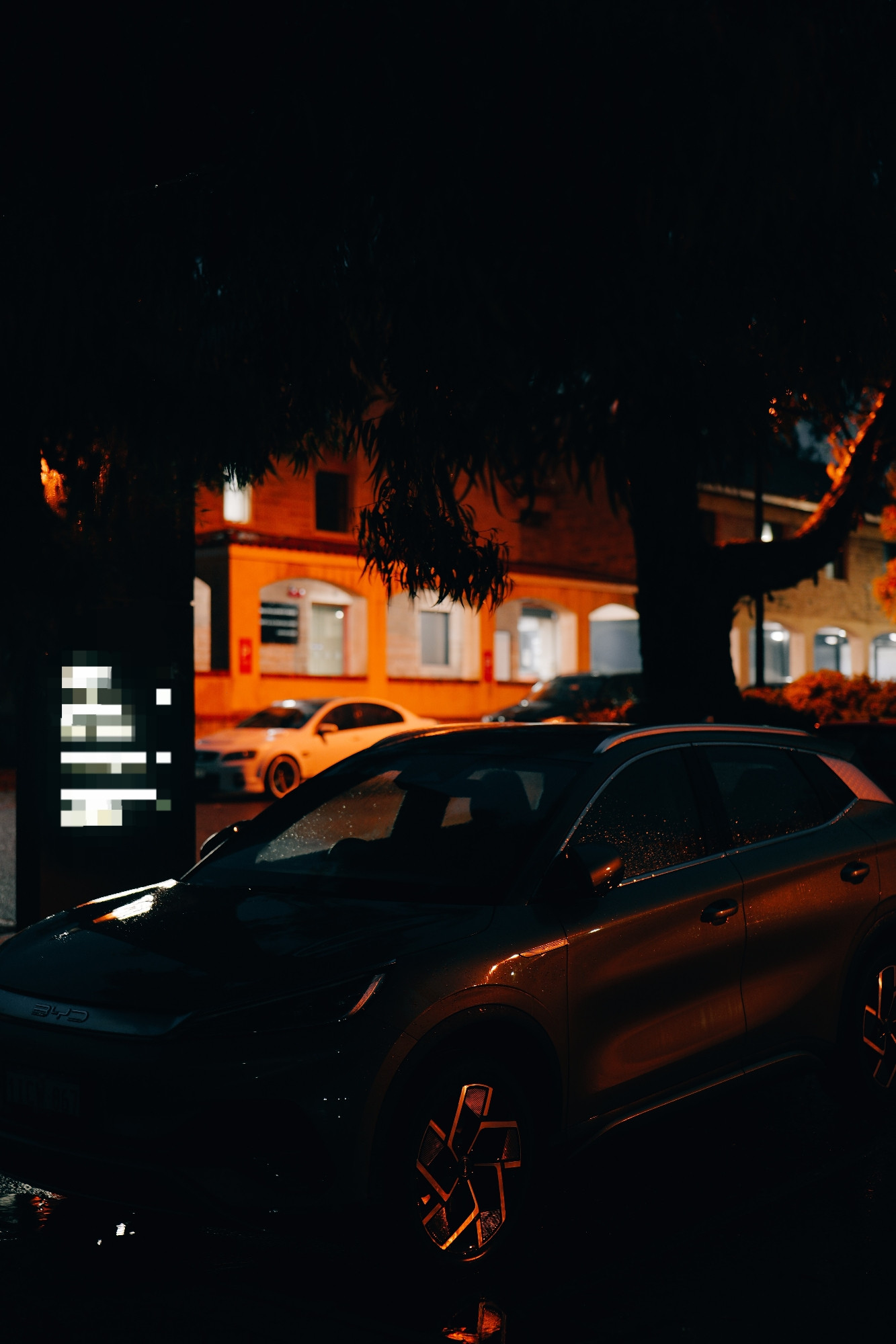 A car parked under a tree at night, illuminated by streetlights with a warm orange glow. The scene captures the reflections of light on the car's surface, creating a moody and atmospheric urban setting.