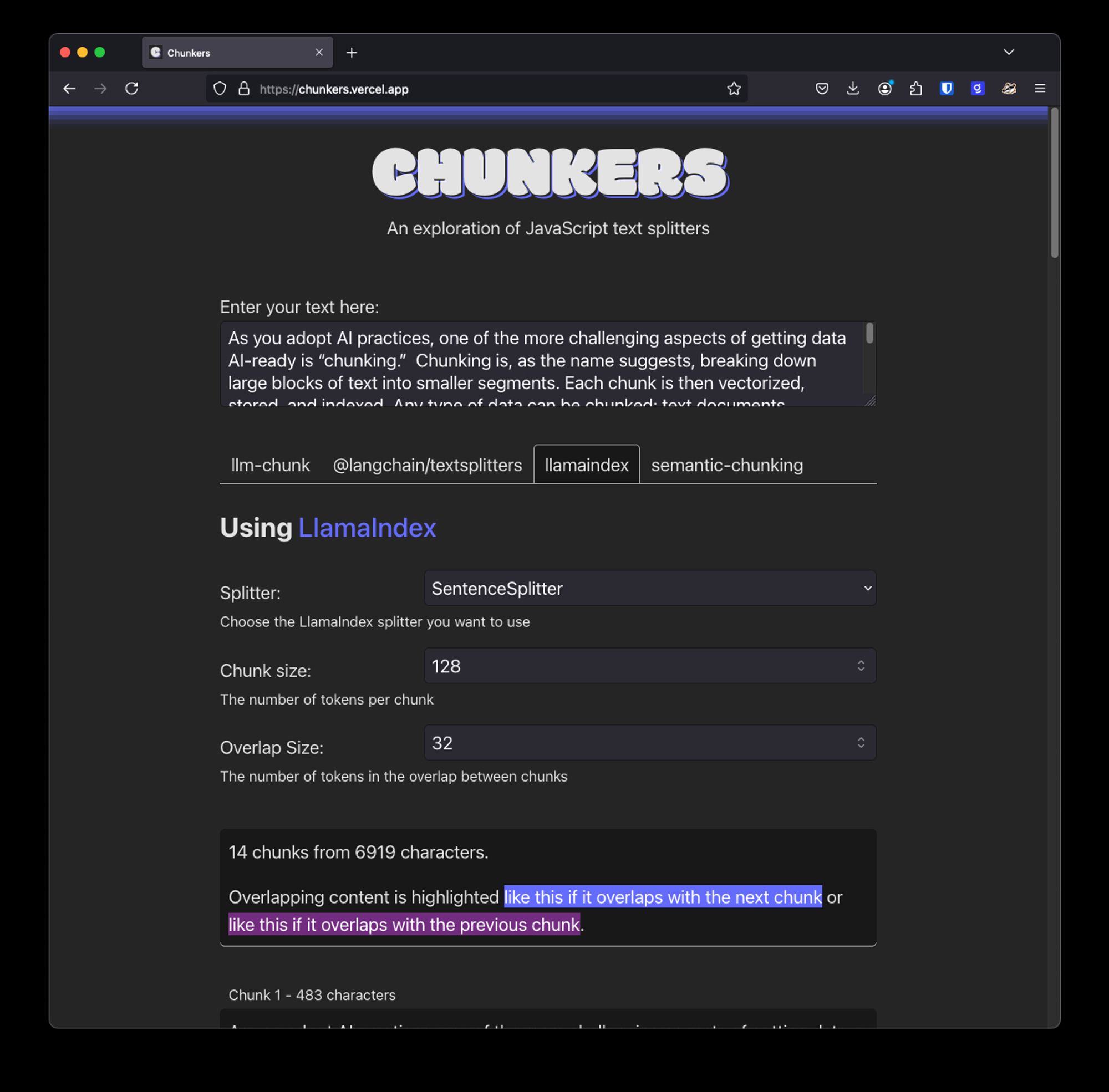 A screenshot of the Chunkers app. It shows some text in an input box being turned into chunks by a LlamaIndex SentenceSplitter.