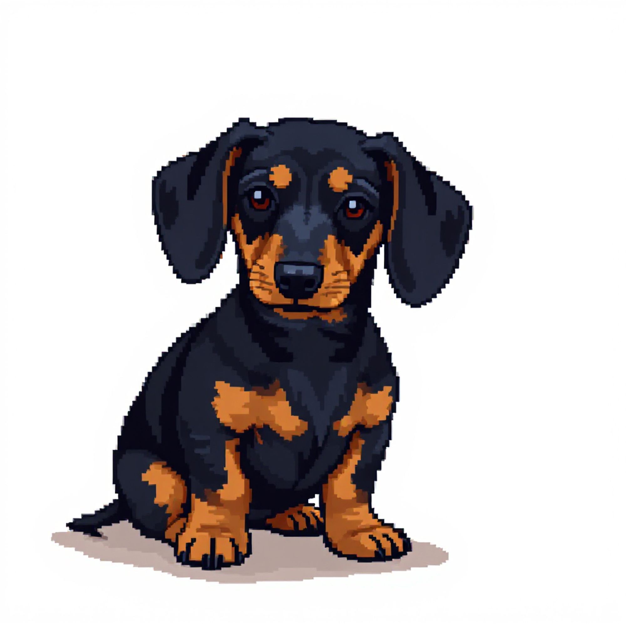 A pixel art drawing of a black and tan miniature dachshund.