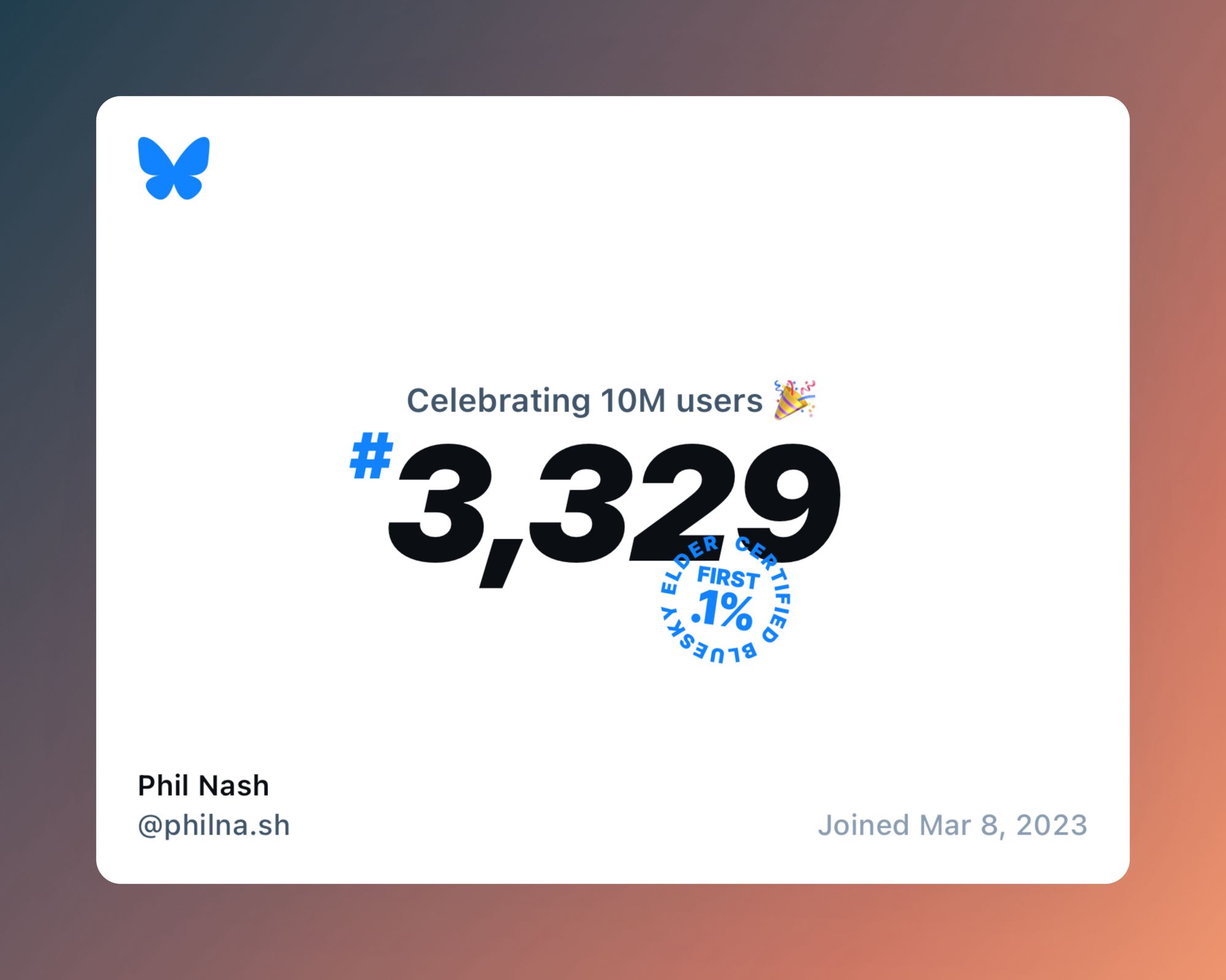 Celebrating 10 million Bluesky users, and I was number 3,329