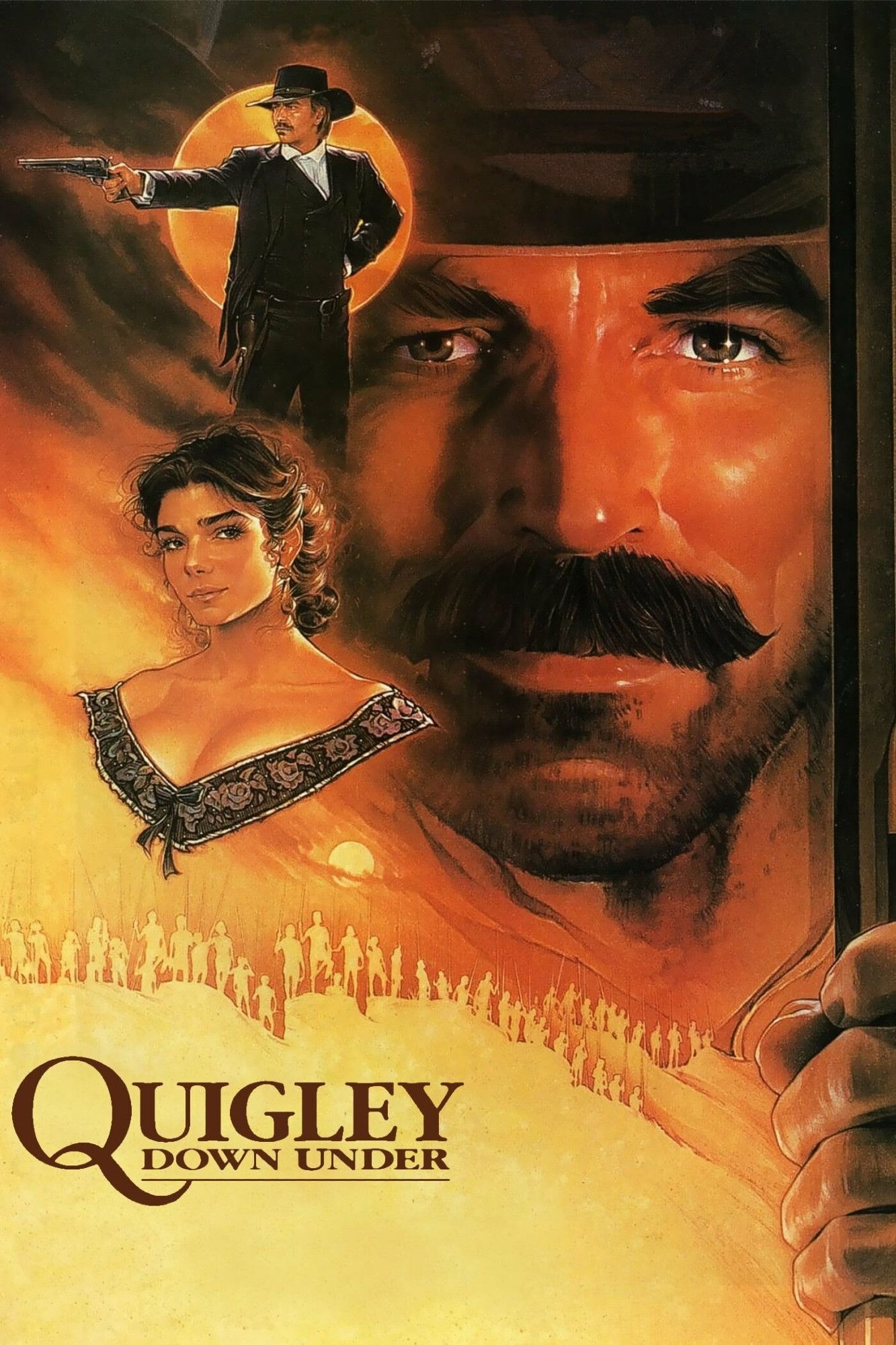 poster for Quigley Down Under starring Tom Selleck, Laura San Giacomo, and Alan Rickman