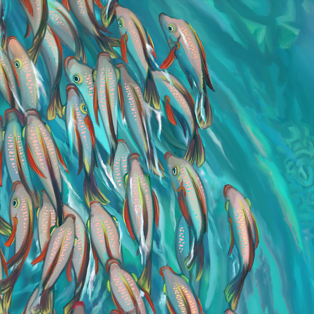 painting of schooling tropical fish