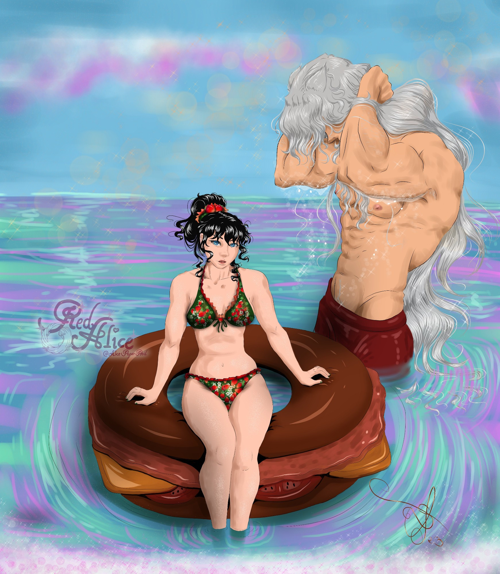 Kagome and inuyasha from my AU StrawberryLips in summer mood with bikini and a swim ring that look like a bagel.