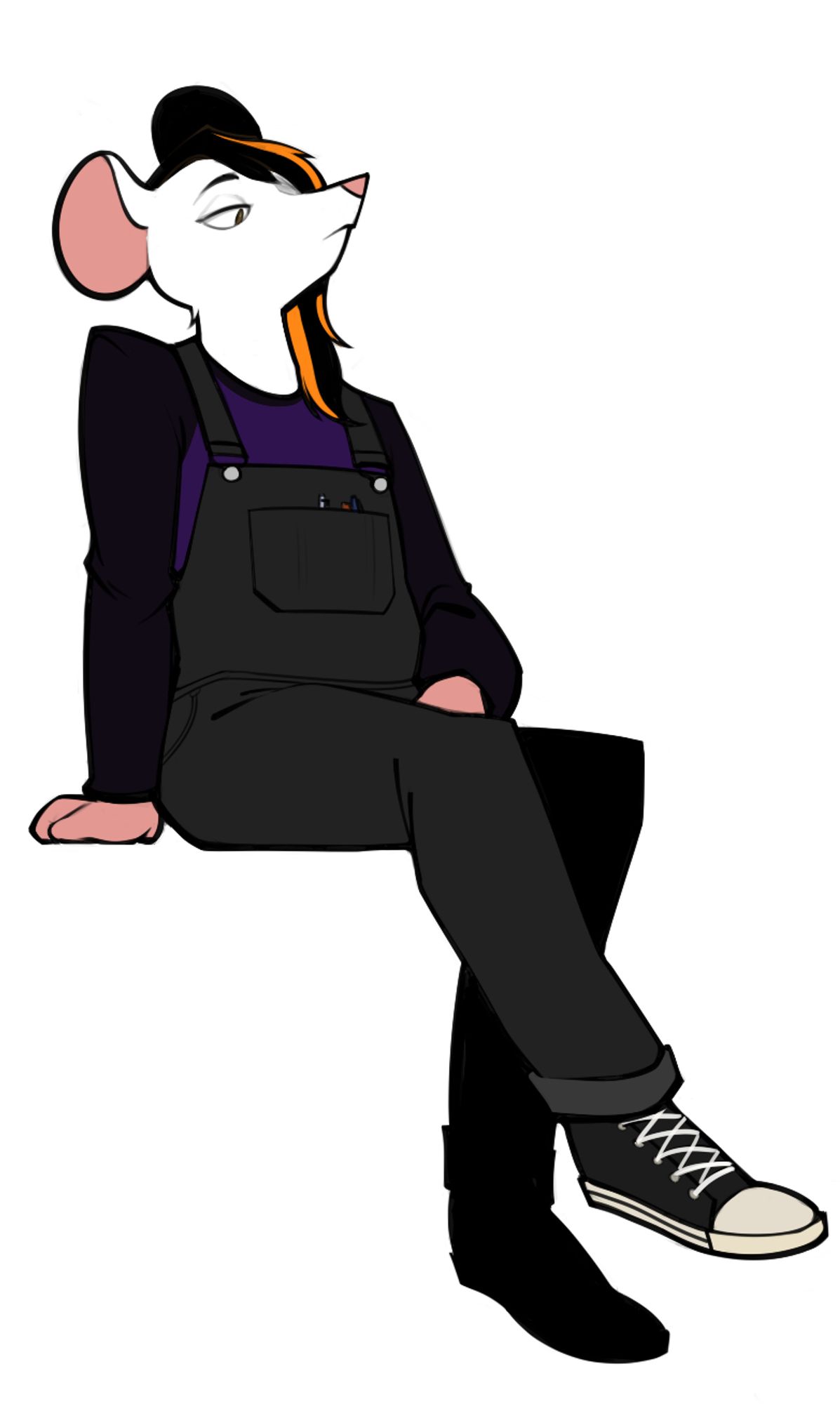 a Terran mouse, Naomi Trent Toyo-Valle. a white-furred mouse with pink skin and a long undercut that covers one of his eyes, dyed black and orange. he wears a purple and black long-sleeve shirt and black overalls with several pens and markers of different colors in his front pocket, as well as a pair of black skater shoes. he looks unamused.

art by finley sinclaire!