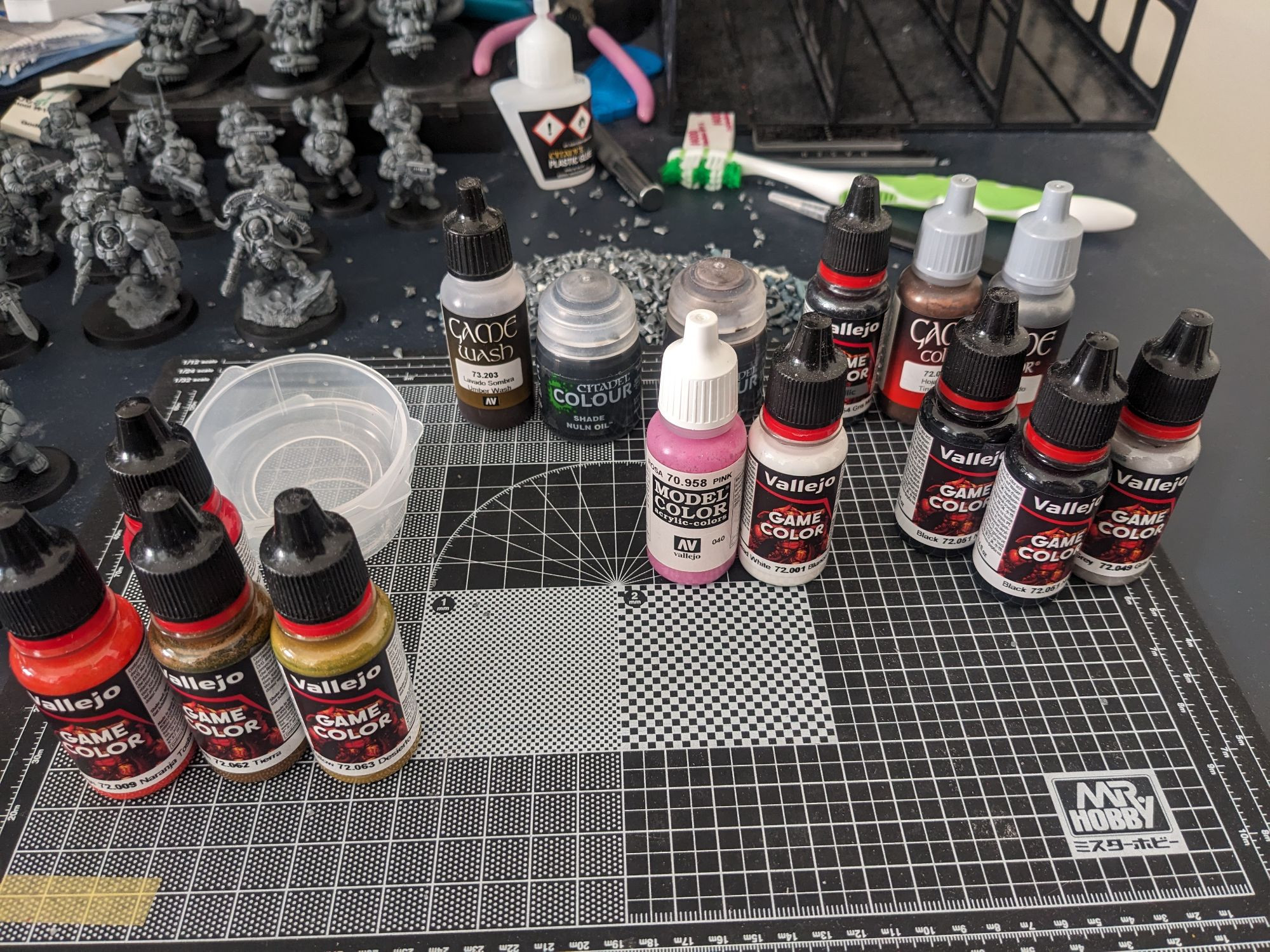 a bunch of Vallejo paints and Citadel washes for painting my Votann models.