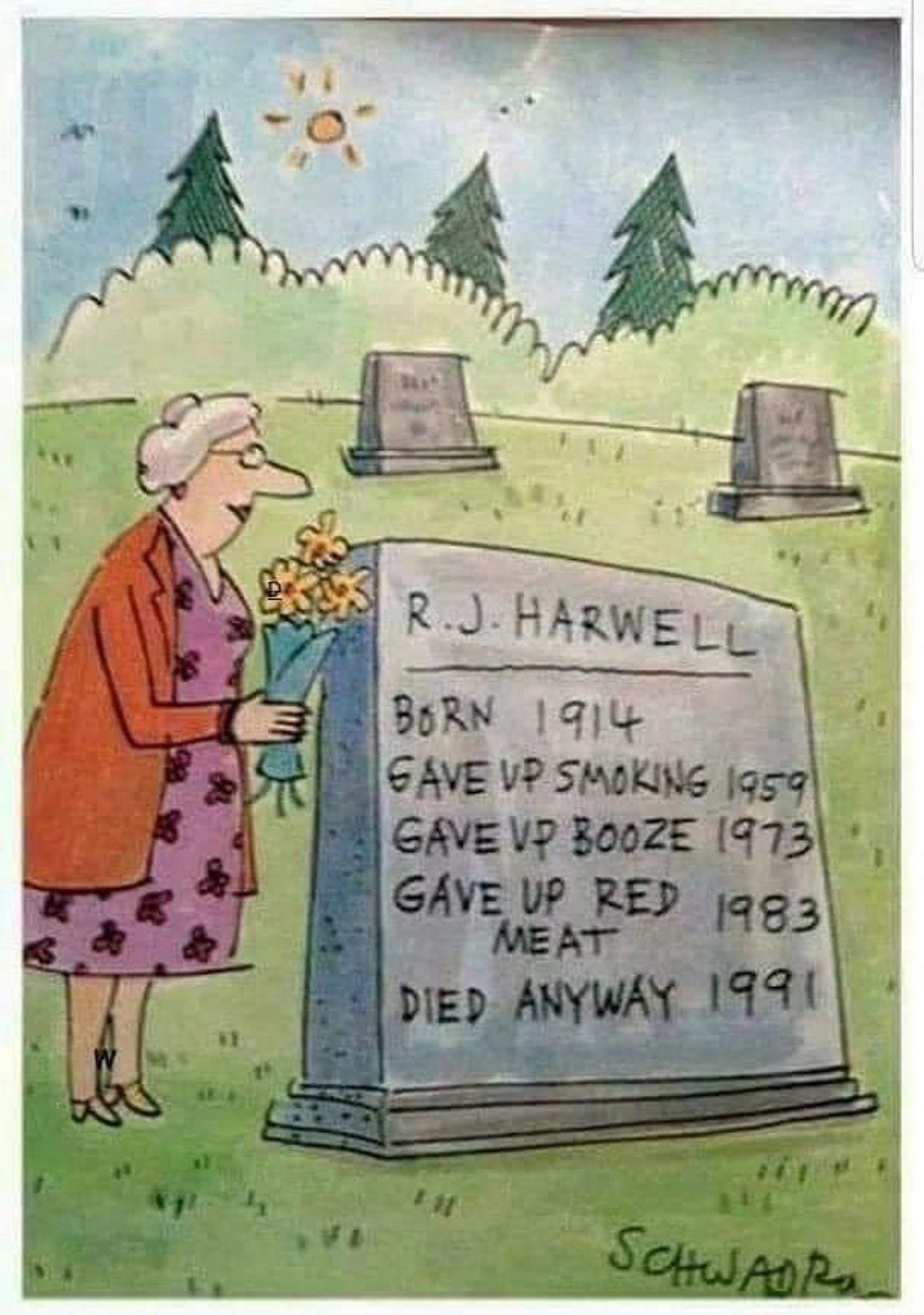 A tombstone stating

BORN 1914

GAVE UP SMOKING 1959

GAVE UP BOOZE 1973

GAVE UP RED MEAT 1983

DIED ANYWAY 1991