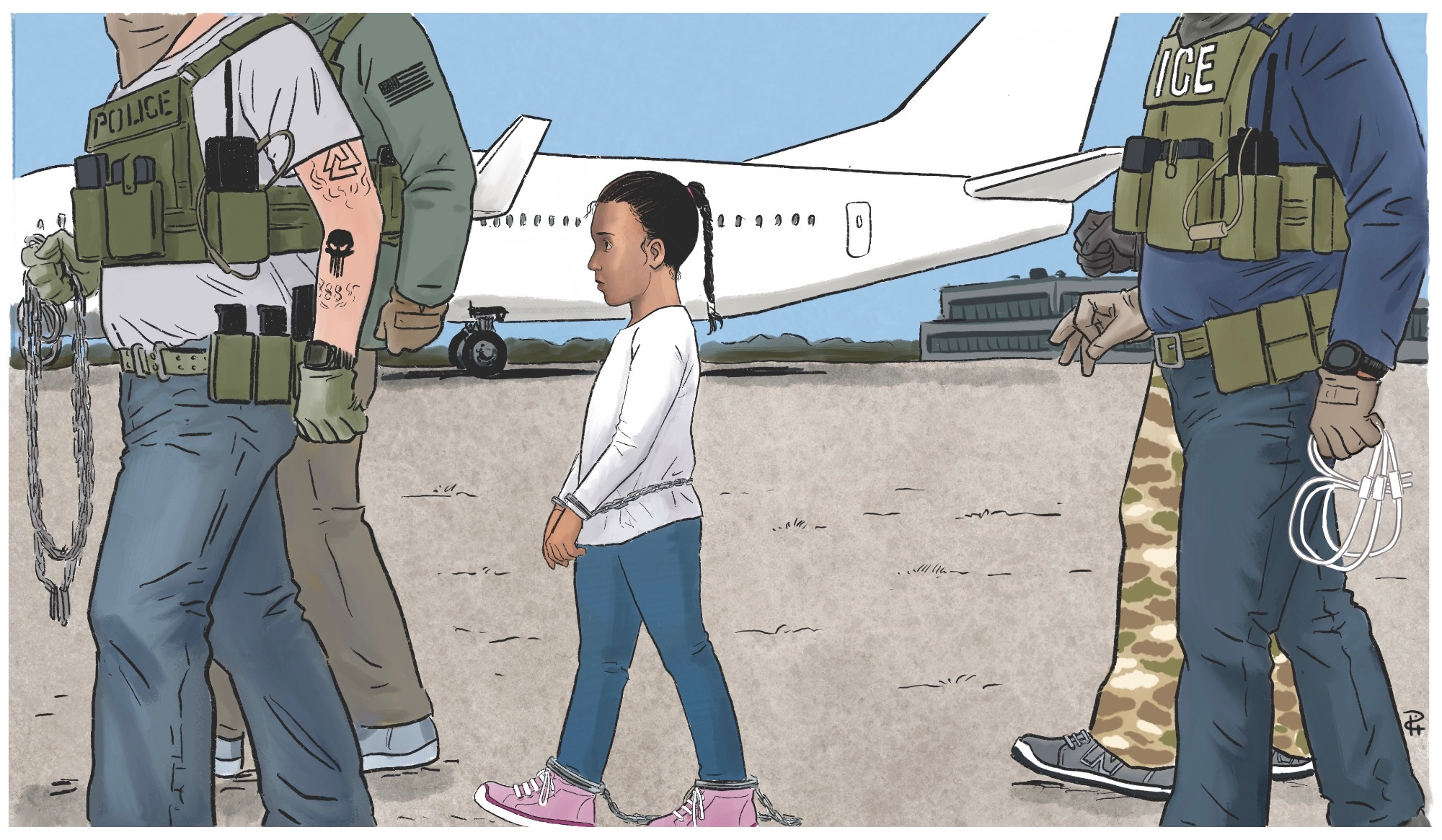 Editorial cartoon of a young Latina girl in shackles escorted to a deportation plane in a composition echoing Norman Rockwell's painting The Problem We All Live With. 