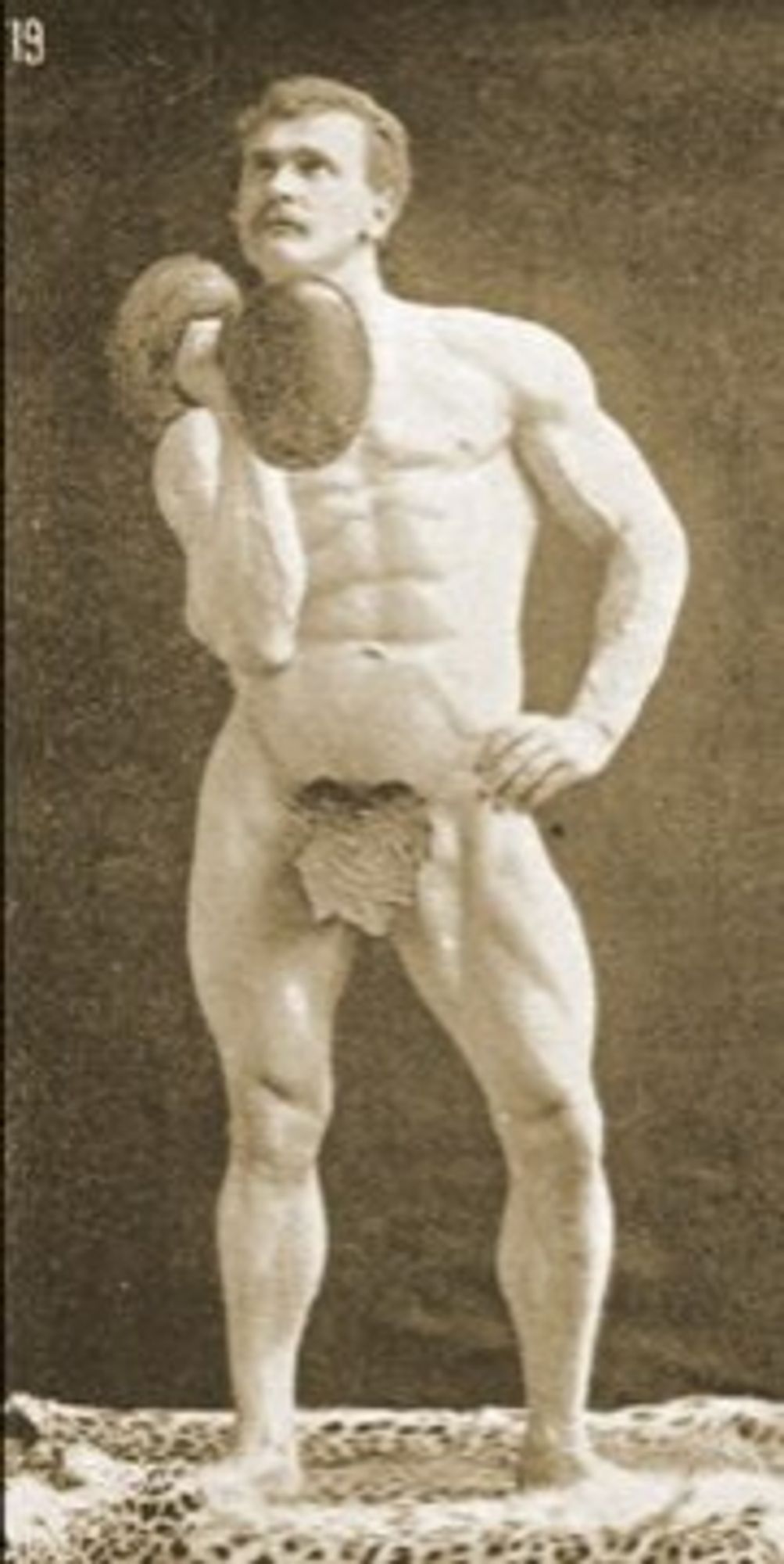 Eugen Sandow in 1889 wearing nothing but a fig leaf