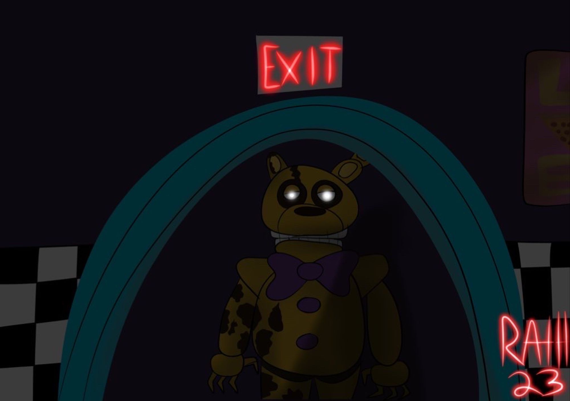 Spring trap standing in the doorway of The pizzeria with the light only revealing part of his form in the darkness