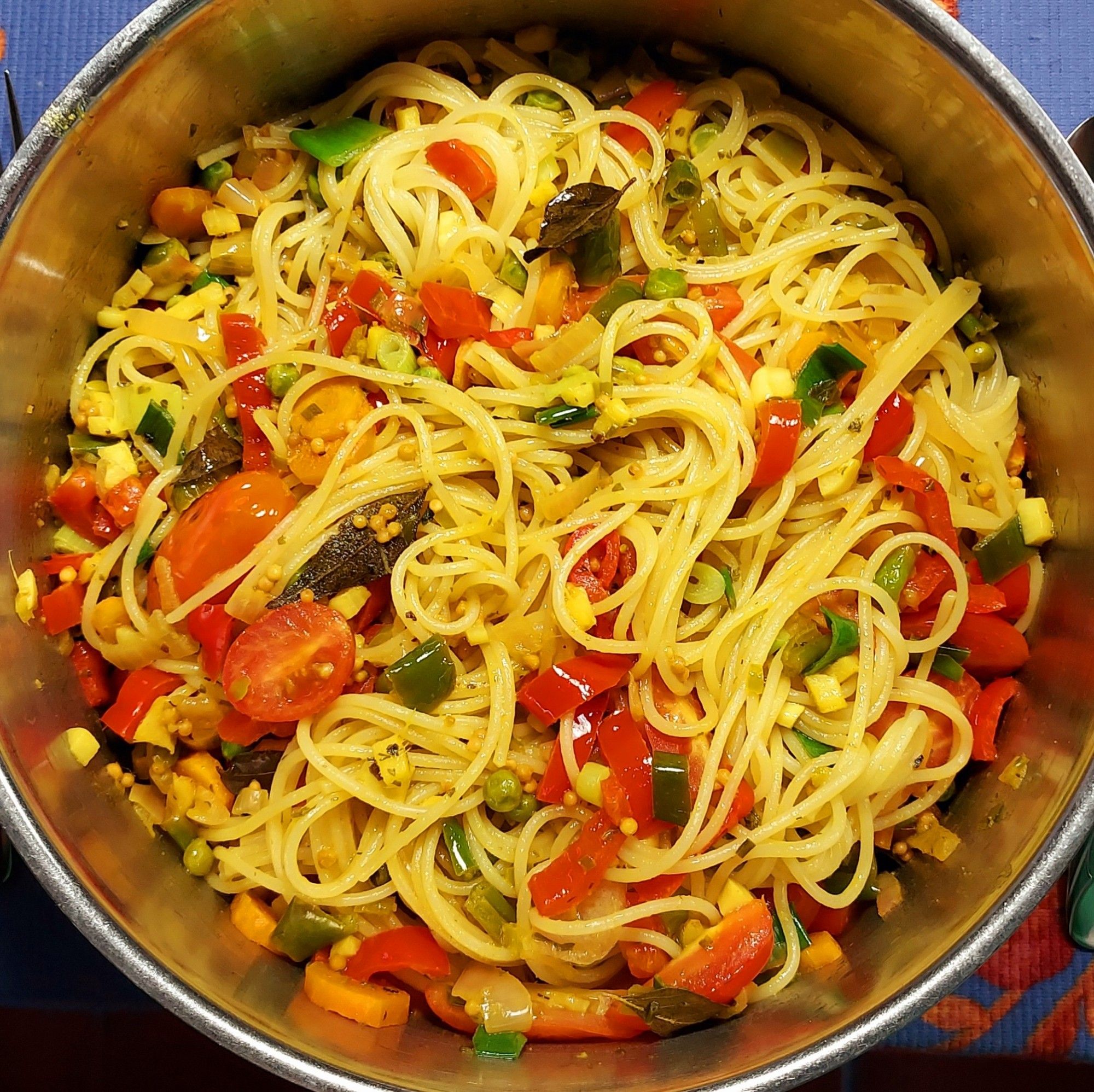 Indian style spaghettini with mixed vegetables