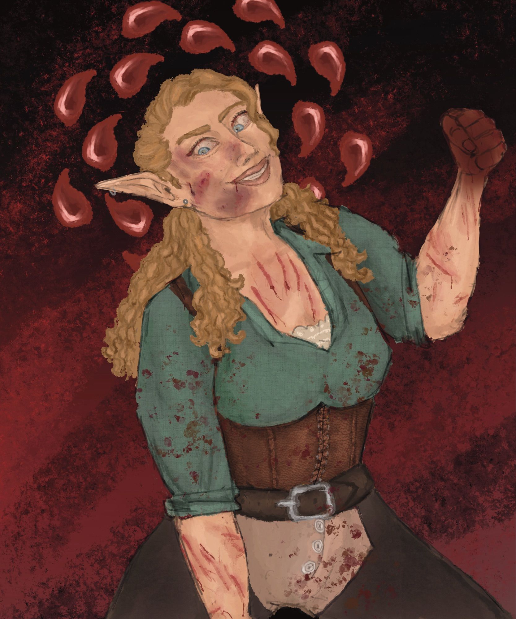 An elven woman with tawny hair sits atop her victim who is not pictured. She is wearing a green top, brown leather bustier, tan breeches, and dark brown leather chaps. She is covered in scratches and blood - her raised fist is saturated with it - and has a large, dark, hand-shaped bruise on her cheek. She sports a wicked grin and crazed, manic eyes and is looking below at her victim. There is a halo of blood droplets surrounding her head.