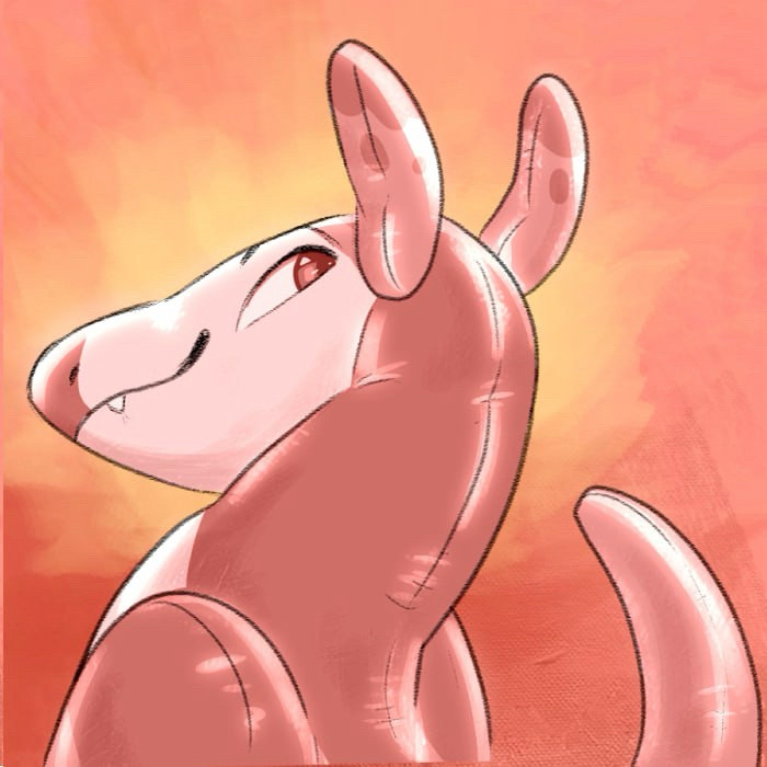 A pink pool toy possum looking cheeky.