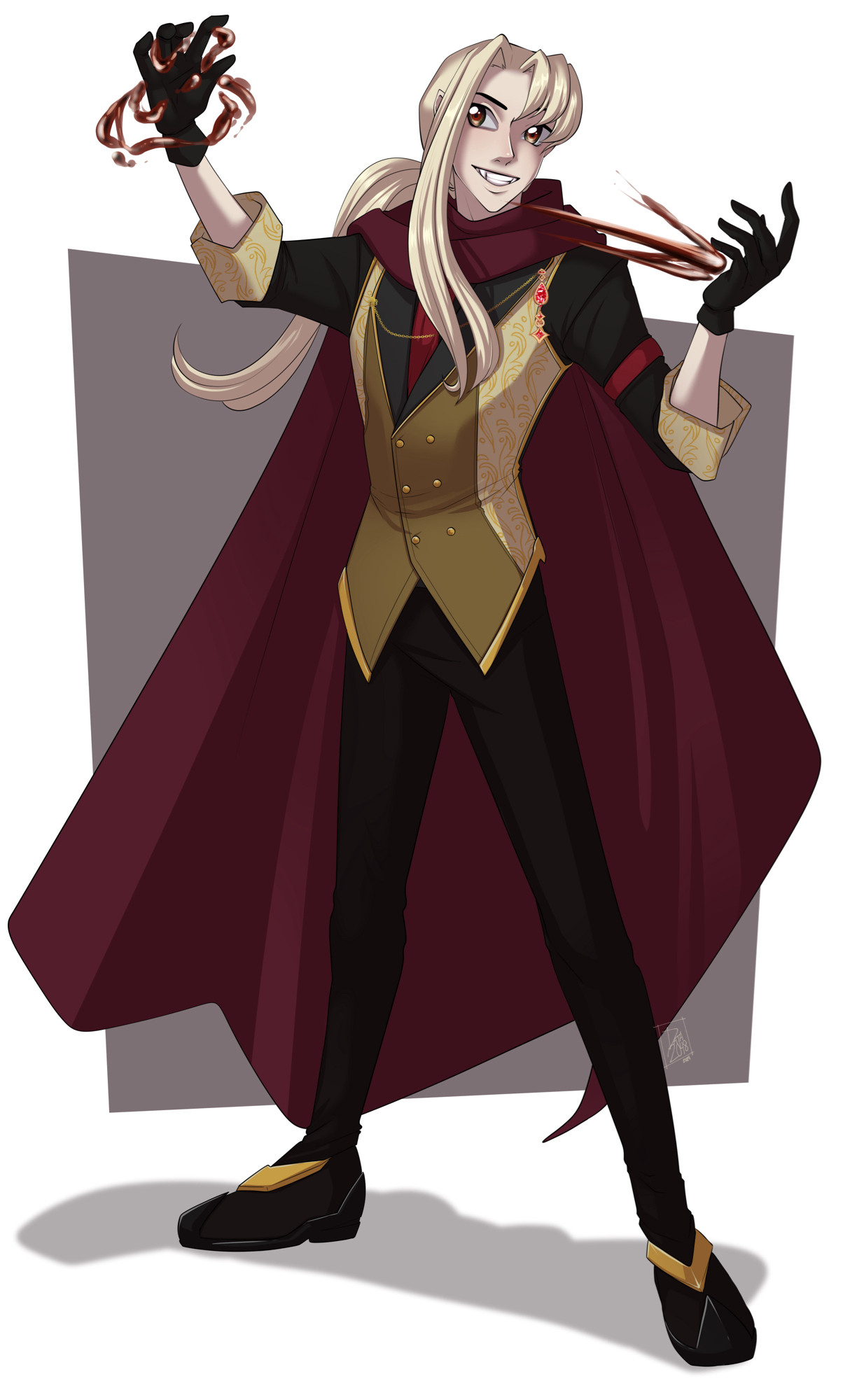 Vampire OC named Brek. Maroon cape, gold vest with a gold chain and red gem attached to the lapel. Long, dusty blond hair, and very pale. Smiling, with mixed color eyes. Brek is a vampire who doesn’t want to be a vampire. He can weaponize his own blood (depicted), or what is left of it anyway. Also has an ability called the “touch of death”