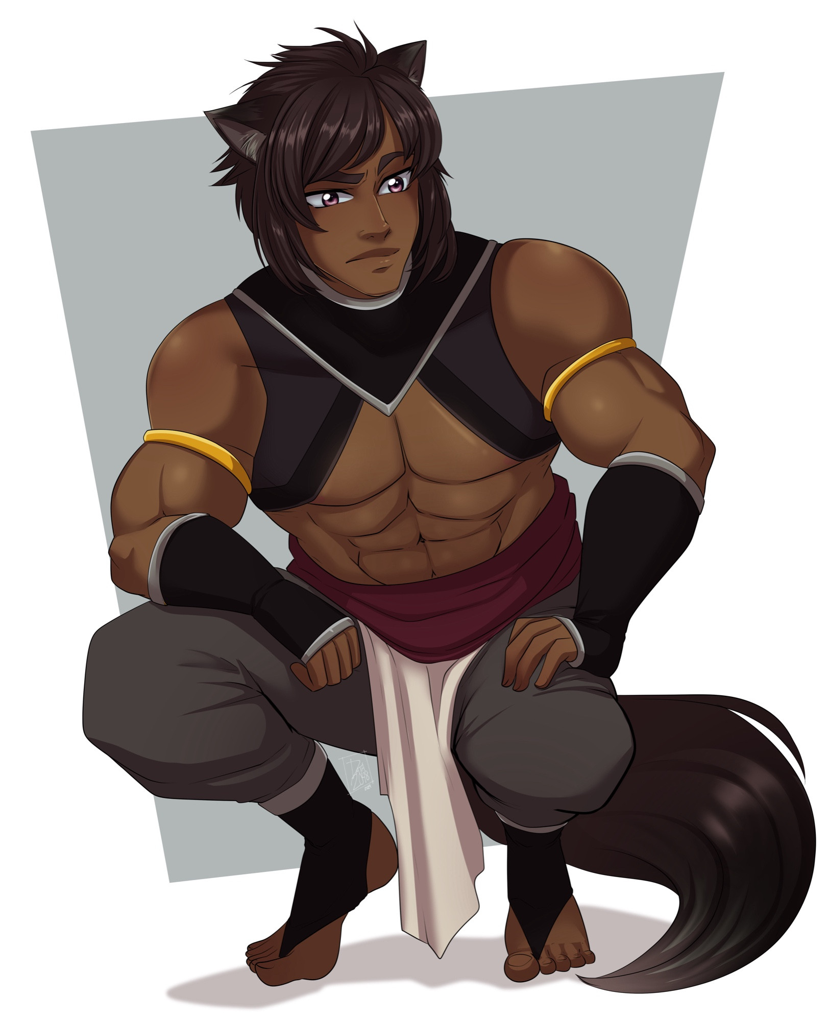 Lycan OC named Keits. Open shirt, very muscular. Has reddish hair, wolf ears and tail, both of which have a whitish tip. Dark arm warmers, all parts of his outfits have silver edging. Thin, gold upper arm bands. Keits is crouched over with a pondering expression.