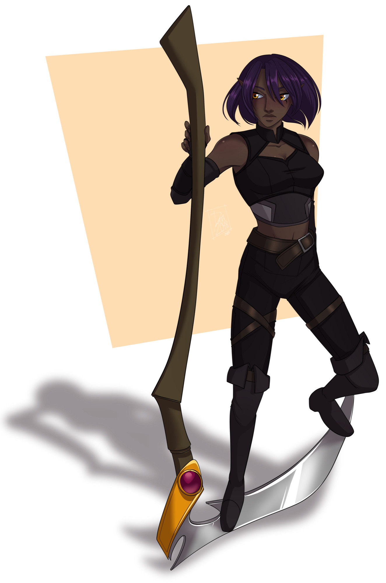 Navarre - an officer in the Legion. Secretly the youngest sister to Vlatka, but does not let that win her any favors amongst soldiers. Short, bobbed purple hair, dark outfit. Standing on a scythe.