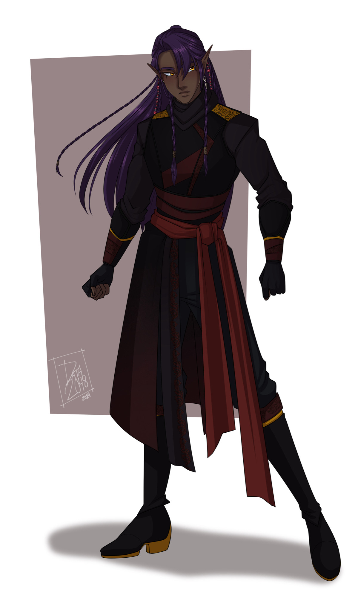 Vlatka - the commander of the Legion. Long, purple hair with some beads and braids. Outfit is a mixture of dark reds, greys, and yellow.