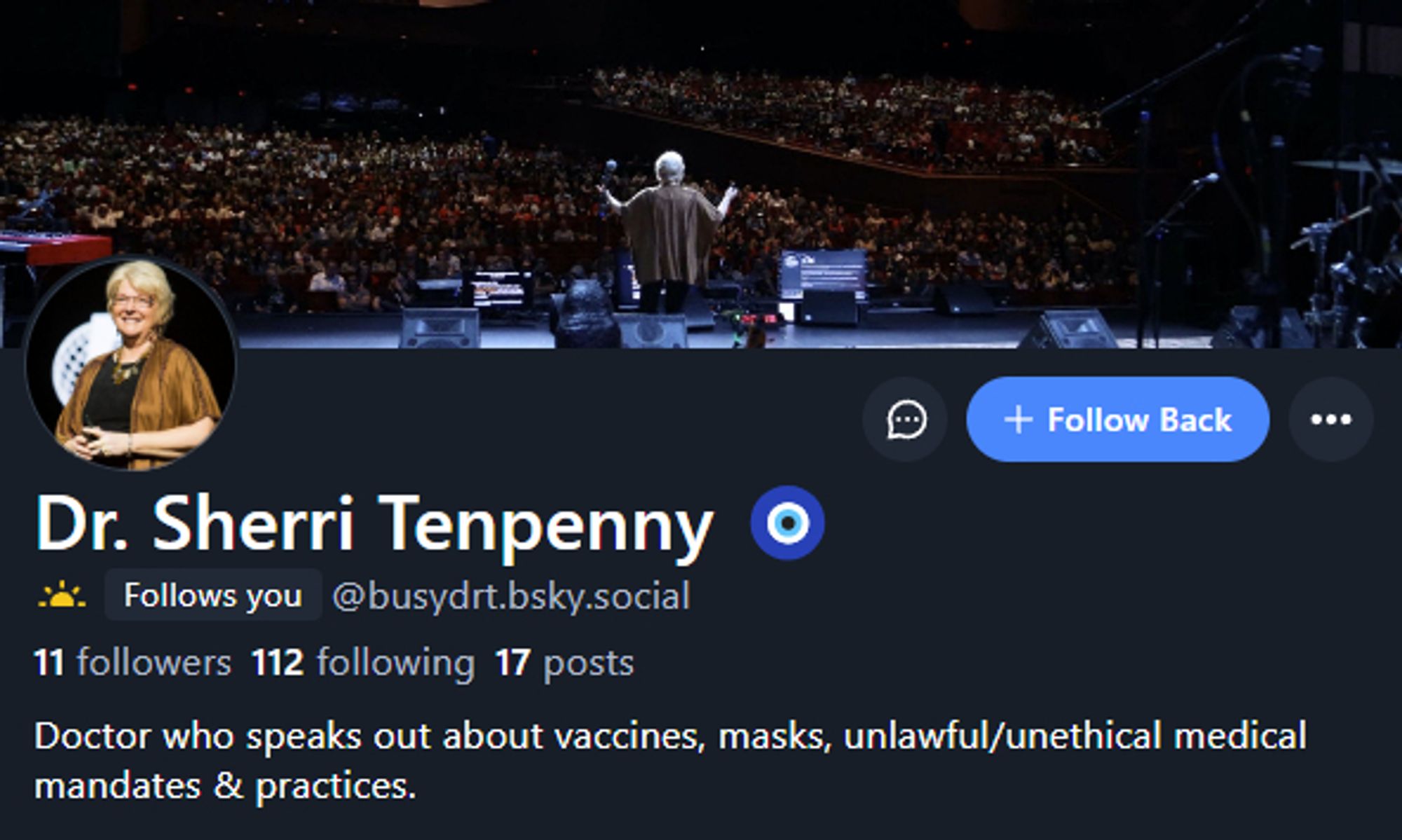 The header for a scammer masquerading as the anti-vax scammer Dr. Sherri Tenpenny.