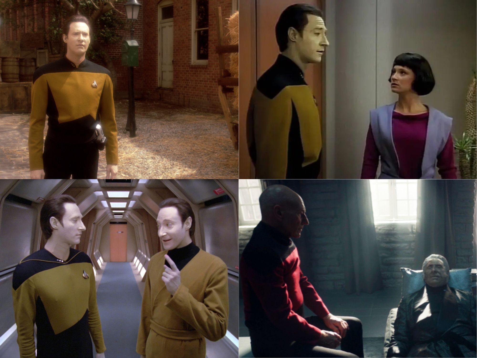 Four frames from Star Trek:

1. Data standing alone
2. Data standing with Lal, who is shorter, to Data's right
3. Data standing with Lore, who is the same height to Data's right.
4. Picard seated, with Data lying down, to Picard's right.

This is a very specific visual gag, with multiple layers. I am sorry.