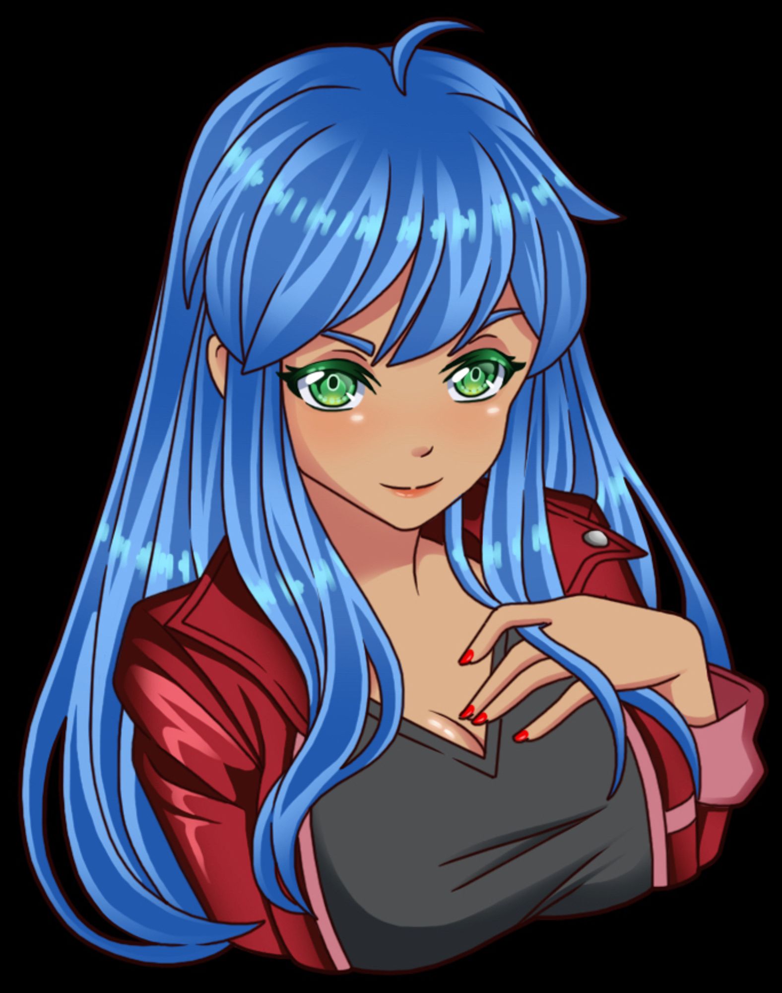 Art by Cristal of my OC, who has blue hair and green eyes; she wears a red jacket and black tank top.