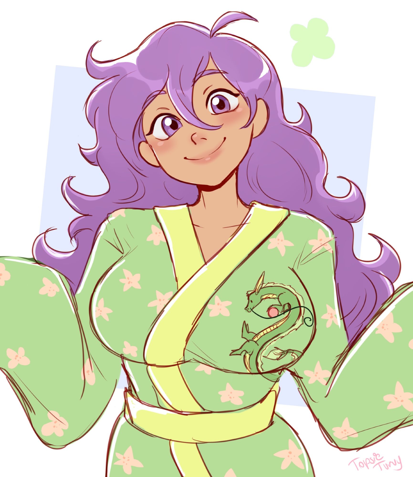 Art by Topsie Turvy of my OC, Shizuka Mizoguchi, who has purple hair and purple eyes; she wears a green yukata emblazoned with a dragon.