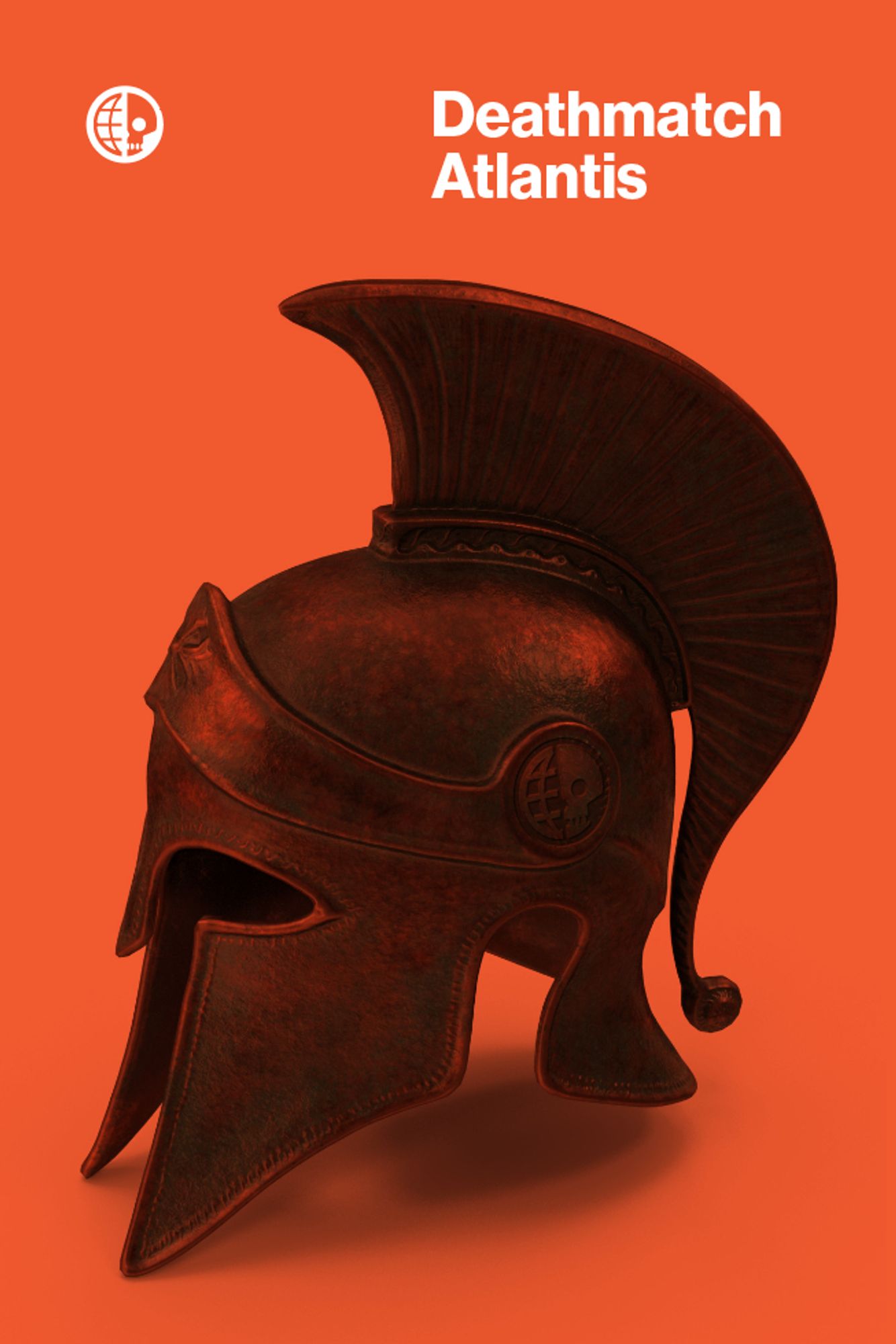 A cover image of "Deathmatch Atlantis", featuring an ancient greek helmet with the deathmatch island logo embossed on the side.