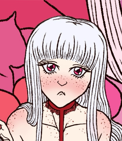 close up of Eris making a cartoony, pleading face at the viewer with big eyes. he’s wearing a red lace choker connected to his outfit cut off from view. a light blush dusts his cheeks. pink and peach pillows are behind him