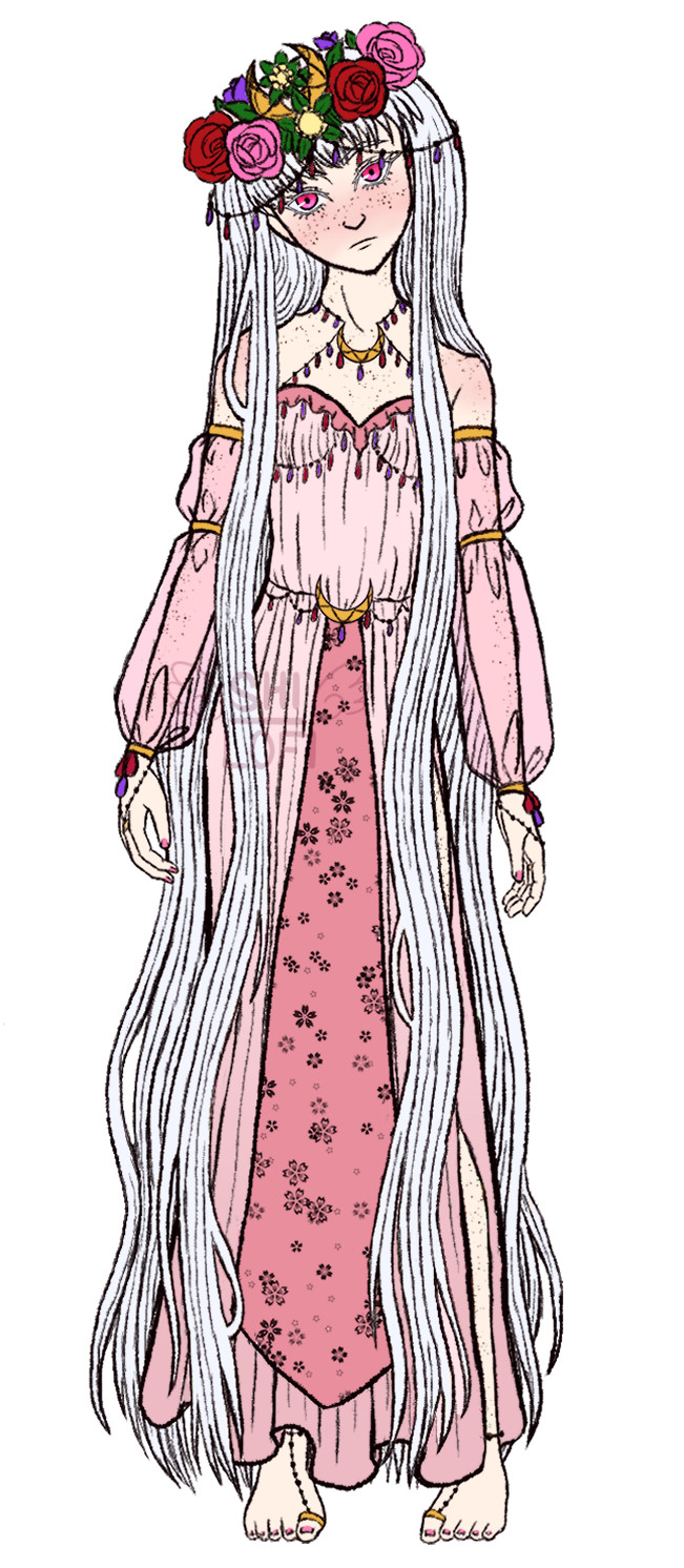 a full body image of Eris, his long white hair ends at his bare feet, only adorned by golden anklets and connecting rings. his long pink dress ends at his ankles and has another matching crescent moon jewelry at his waist. his expression is unreadably calm, if not uncanny