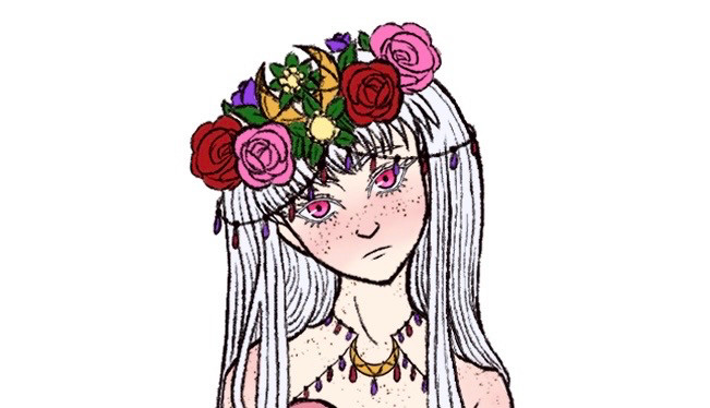 bust of Eris, a feminine half elf trans man with pale skin, freckles, and a piercing pink gaze. his long flowing white hair spills past his shoulders, adorned at the top by a flower crown of red, pink, and purple roses with a golden crescent moon in the center. a matching crescent moon necklace connects to his pink dress which cuts off from view