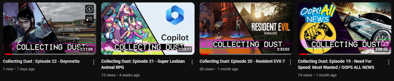 There are 4 youtube thumbnails. The newest video has 1 view, while the others have 13, 38, and 19