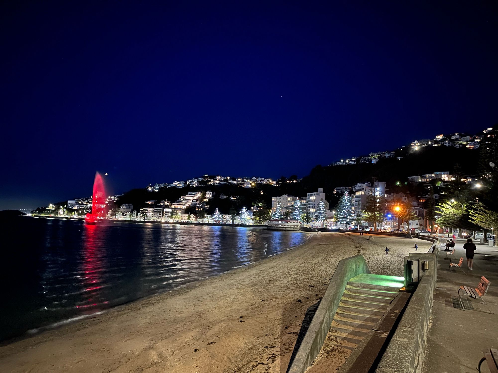 Oriental Bay, Wellington, evening with fountain floodlit red