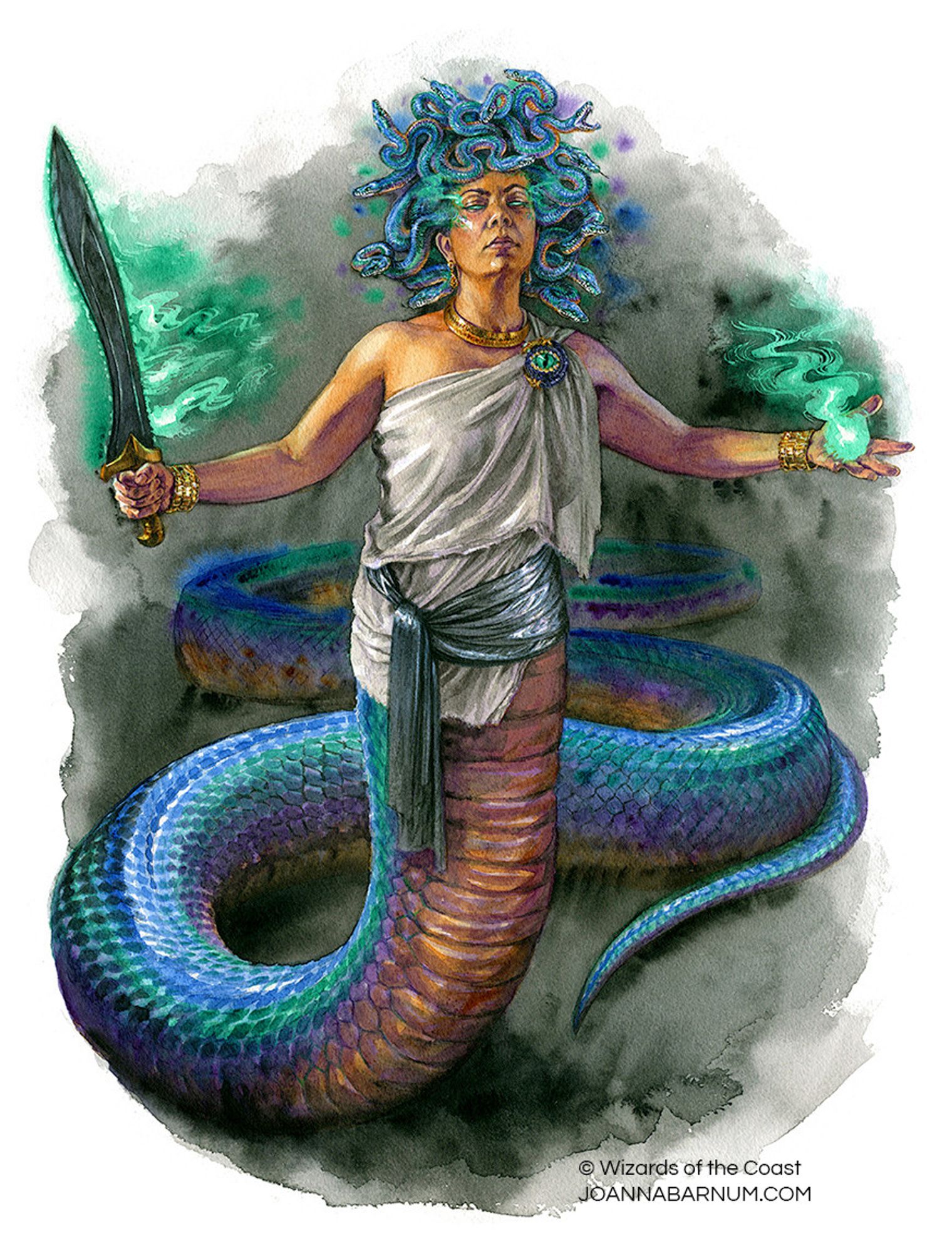 Watercolor illustration of a medusa holding a Greek style sword in one hand, glowing green magic in the other. Her hair is made of iridescent snakes, her eyes also glow green, and her skin is golden. She wears a Greek inspired robe, golden jewelry, and her lower body is that of a gigantic snake.