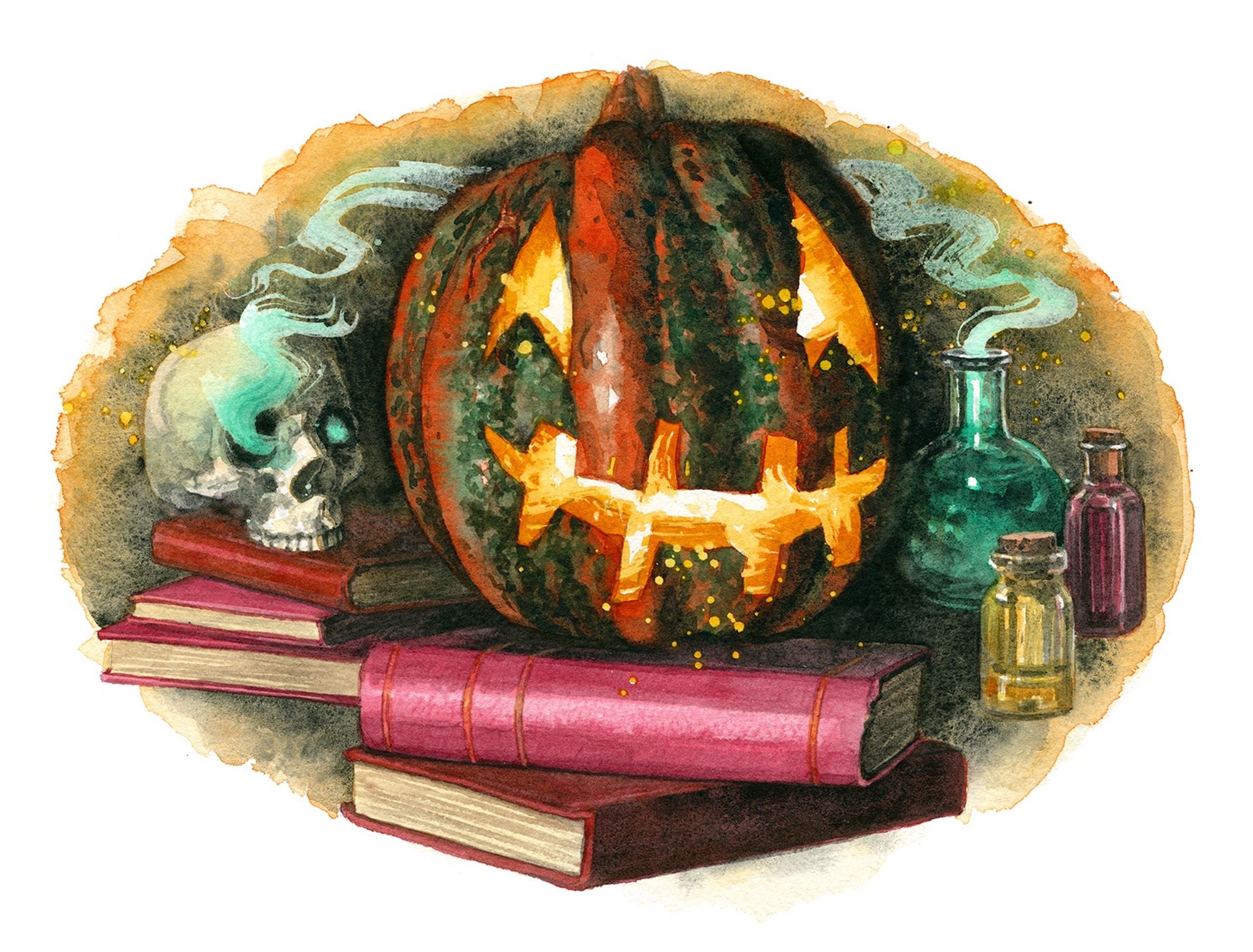 Watercolor illustration of a jack o lantern sitting on a pile of old books surrounded by a skull and potion bottles