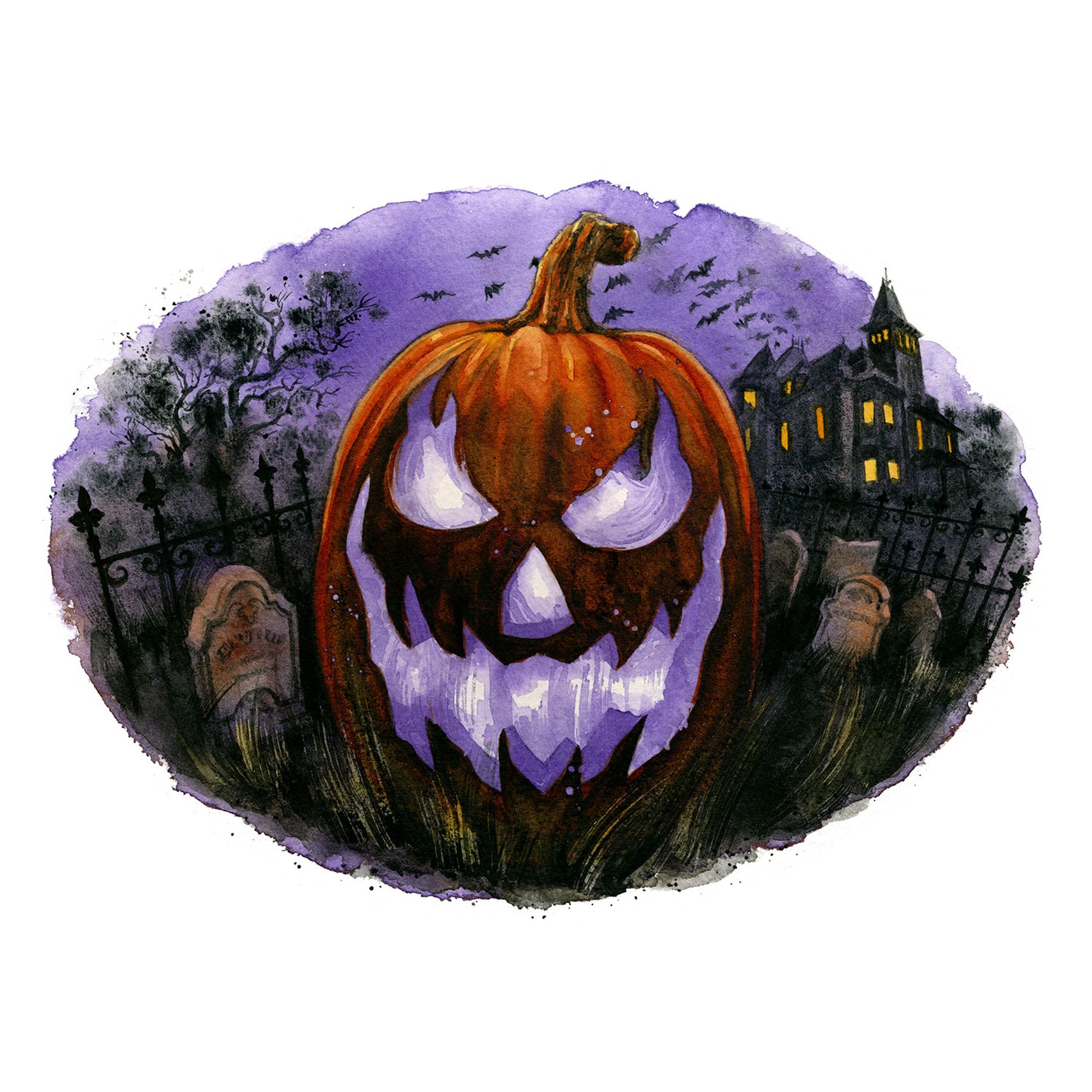 Watercolor illustration of a jack-o-lantern with a glowing purple face with a spooky landscape behind it: trees, flying bats, and a haunted mansion with a grave yard in the foreground.