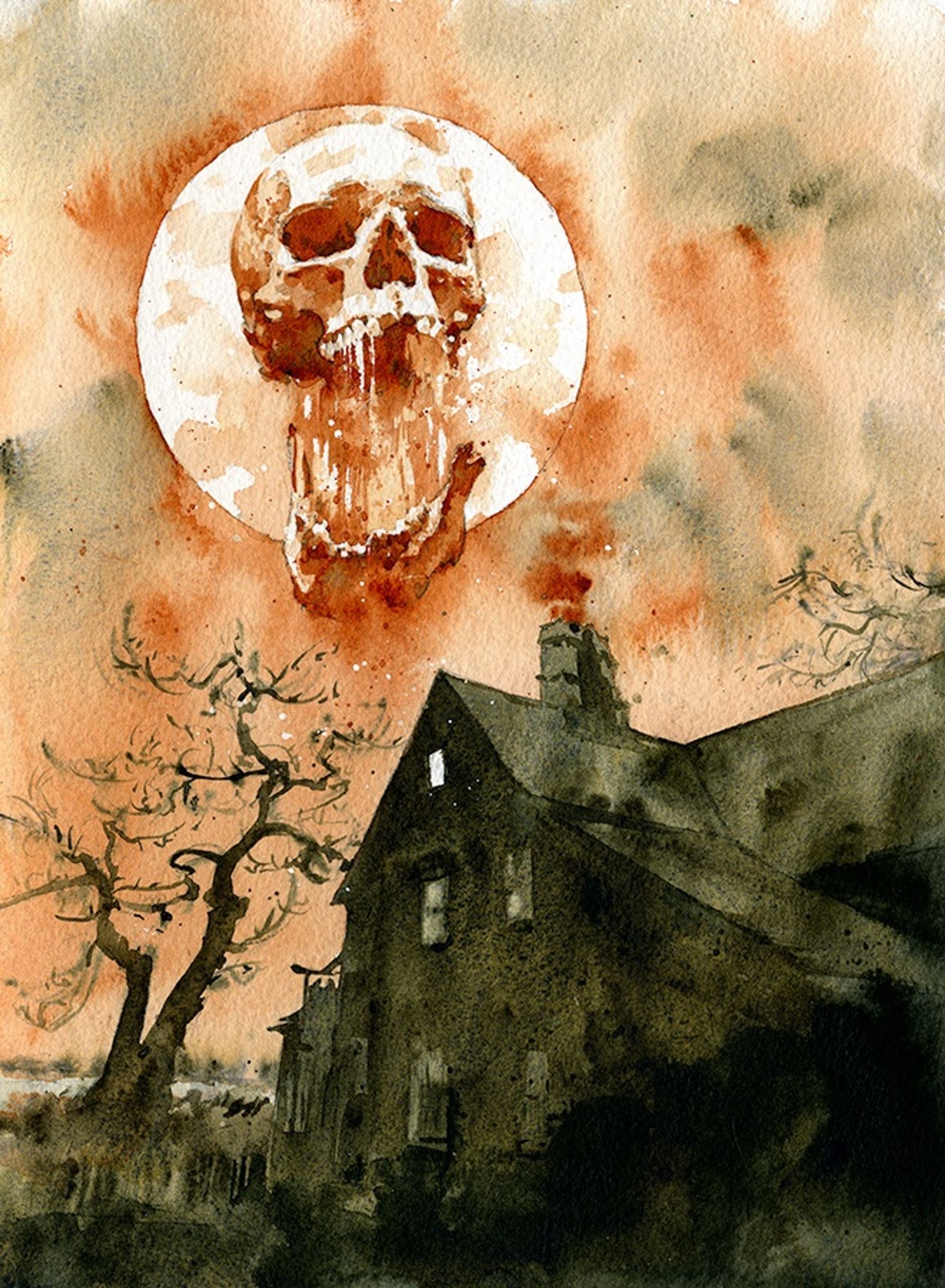 Watercolor illustration of a dark house with one window light on, a scraggly tree, and the moon- a screaming skull is in the moon.