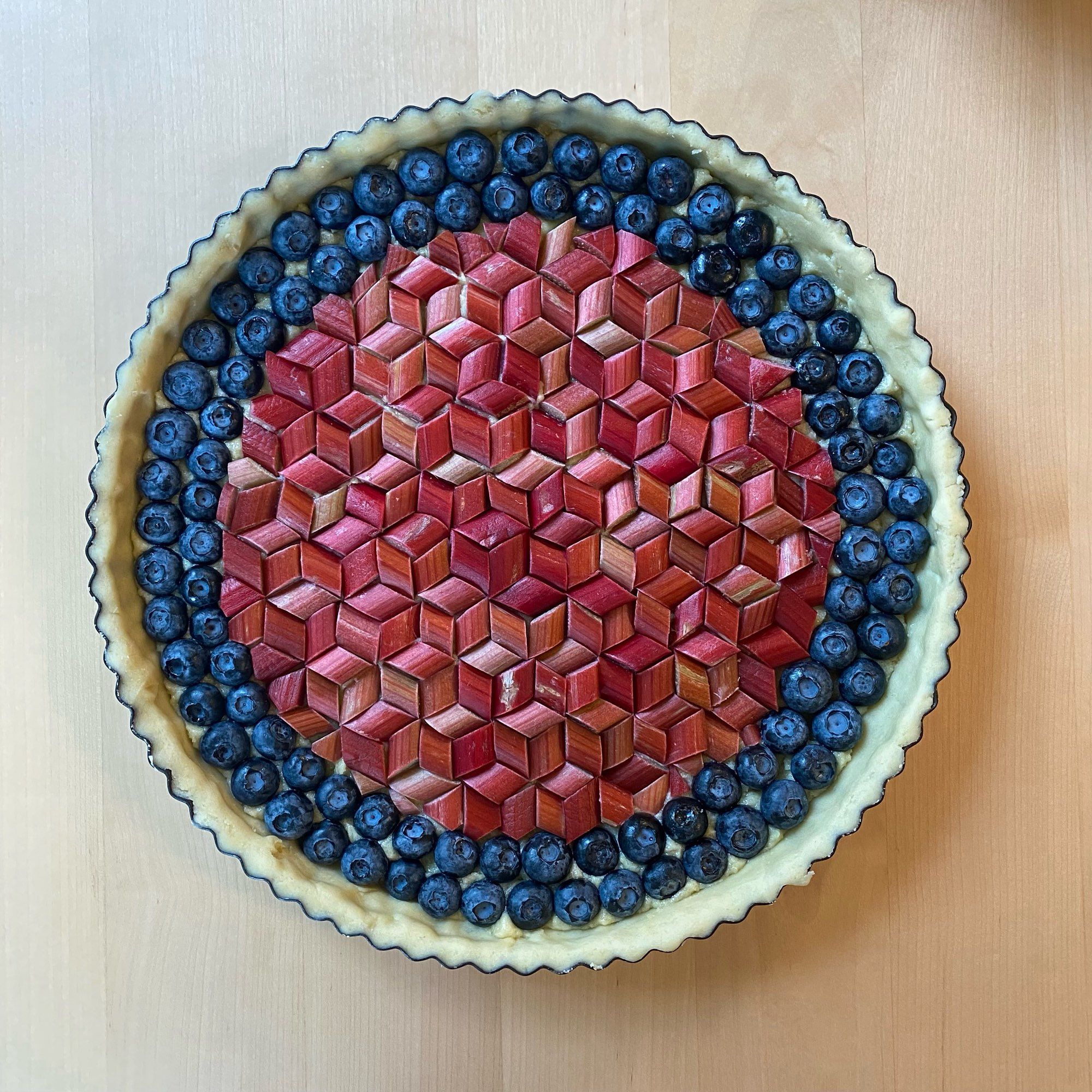 Blueberry and rhubarb frangipane tart, pre-bake