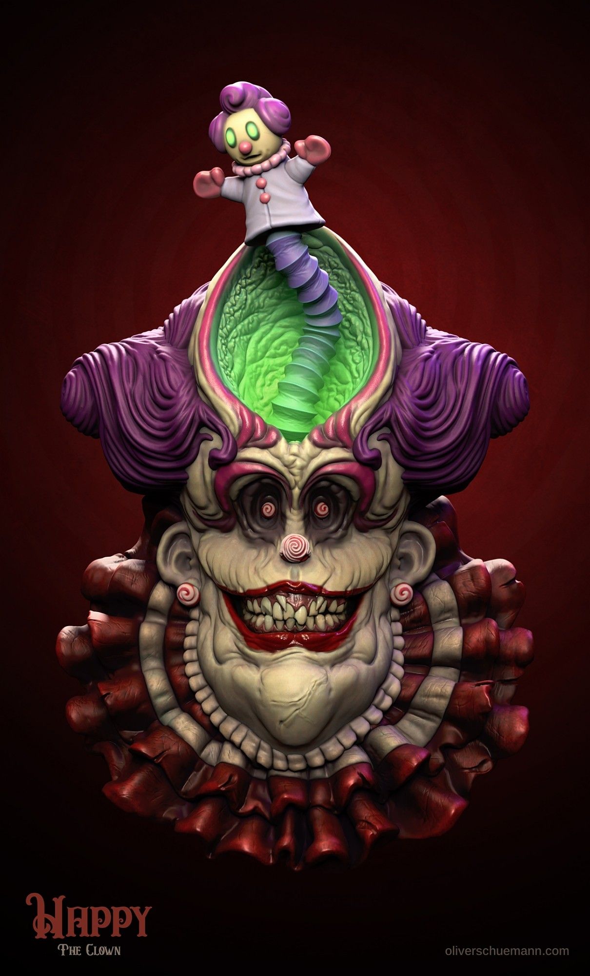 Horror clown with candy eyes, evil friendly grin and a puppet on his head.