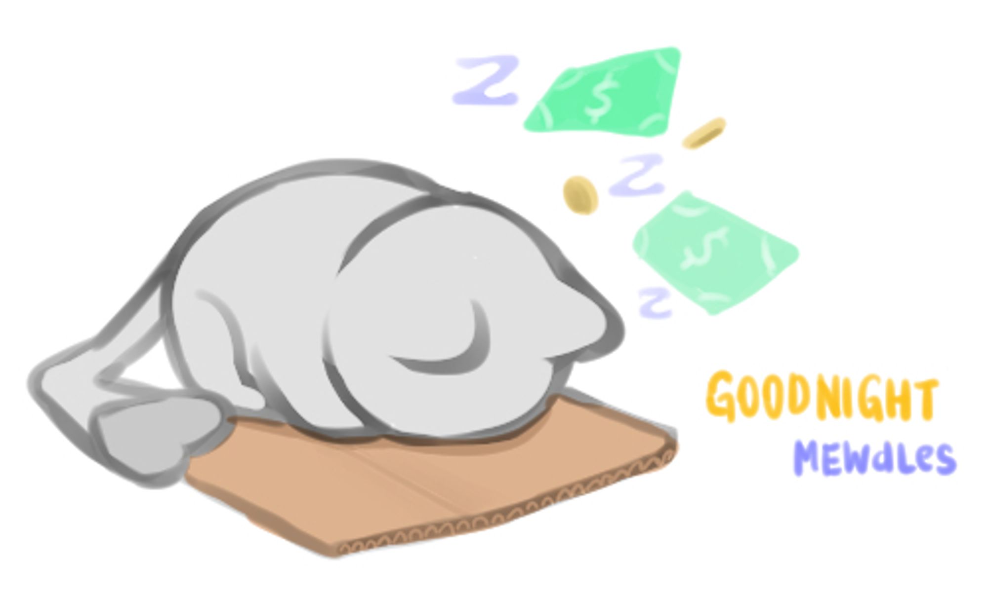 a sad gray lump of a cat sleeping face down into cardboard dreaming of money it doesn't have