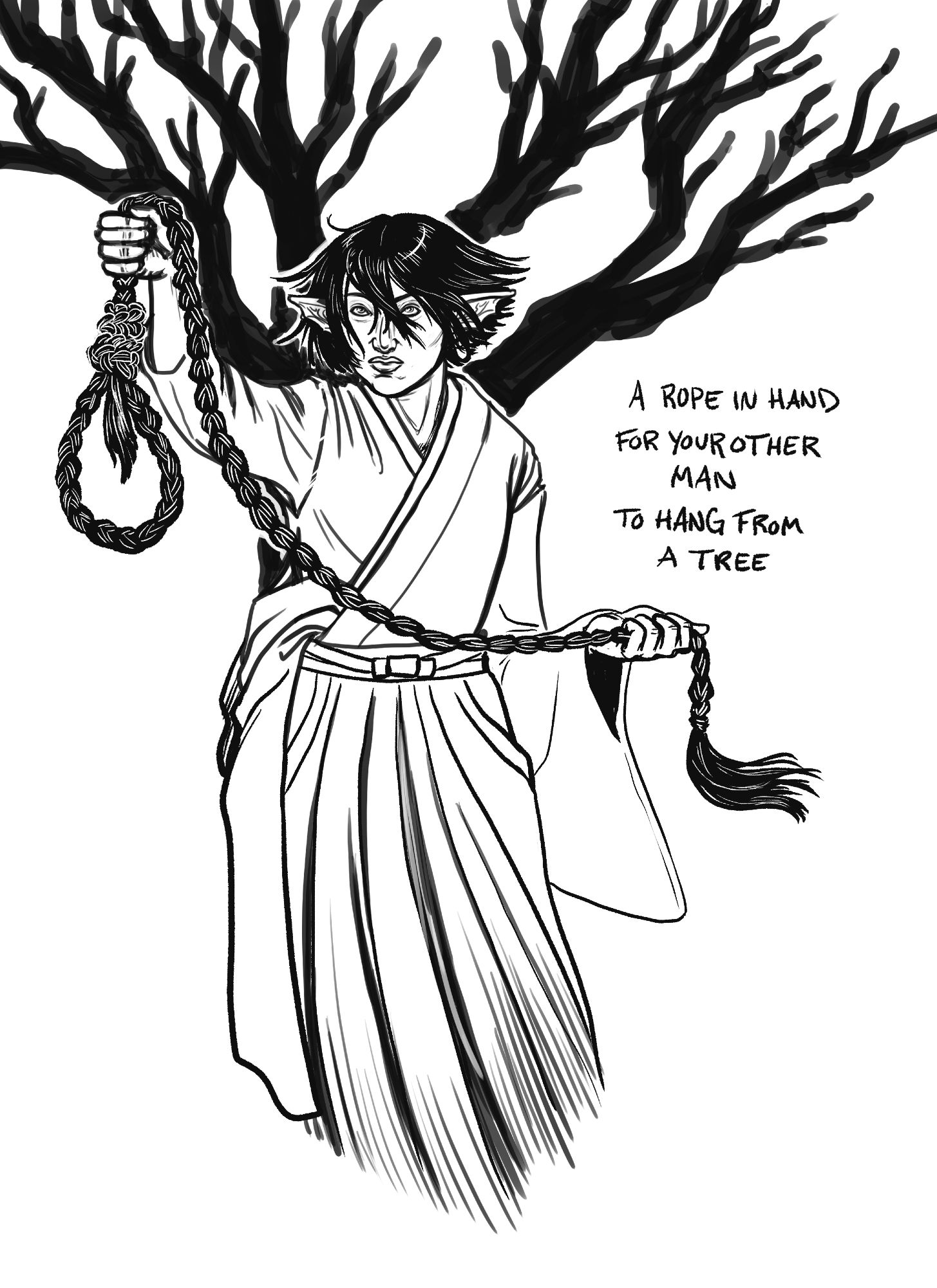 A sketch of the artist's character Kamiko. Kamiko is a water genasi with Japanese features, wearing a kimono and hakama with the outer layer of kimono half off to expose her raised arm. Her normally long hair has been cut roughly off at chin length and she holds aloft a noose made from the plait of her hair. The black branches of a tree rise up behind her. Text next to the image reads 'A rope in hand for your other man to hang from a tree', a lyric from Hozier's song 'From Eden'.