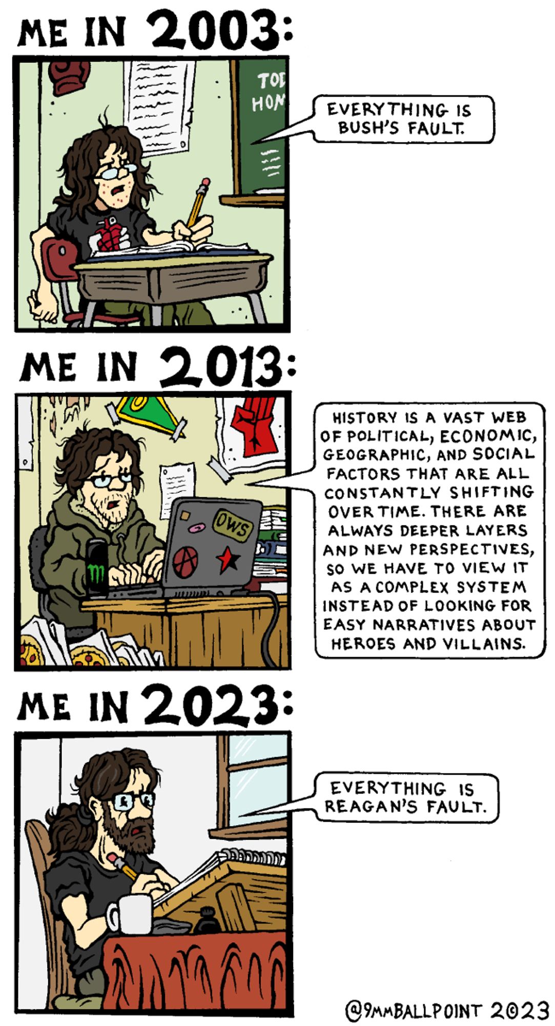 3-panel comic.

Me in 2003 (sitting at a school desk, with acne and an "American Idiot" t-shirt): "Everything is Bush's fault."

Me in 2013 (in college I guess, empty pizza boxes and a laptop with Occupy and anarchy stickers): "History is a vast web of political, economic, geographic, and social factors that are all constantly shifting over time. There are always deeper layers and new perspectives, so we have to view it as a complex system instead of looking for easy narratives about heroes and villains."

Me in 2023 (with a coffee cup and full beard, pencil in hand at a drawing desk): "Everything is Reagan's fault."