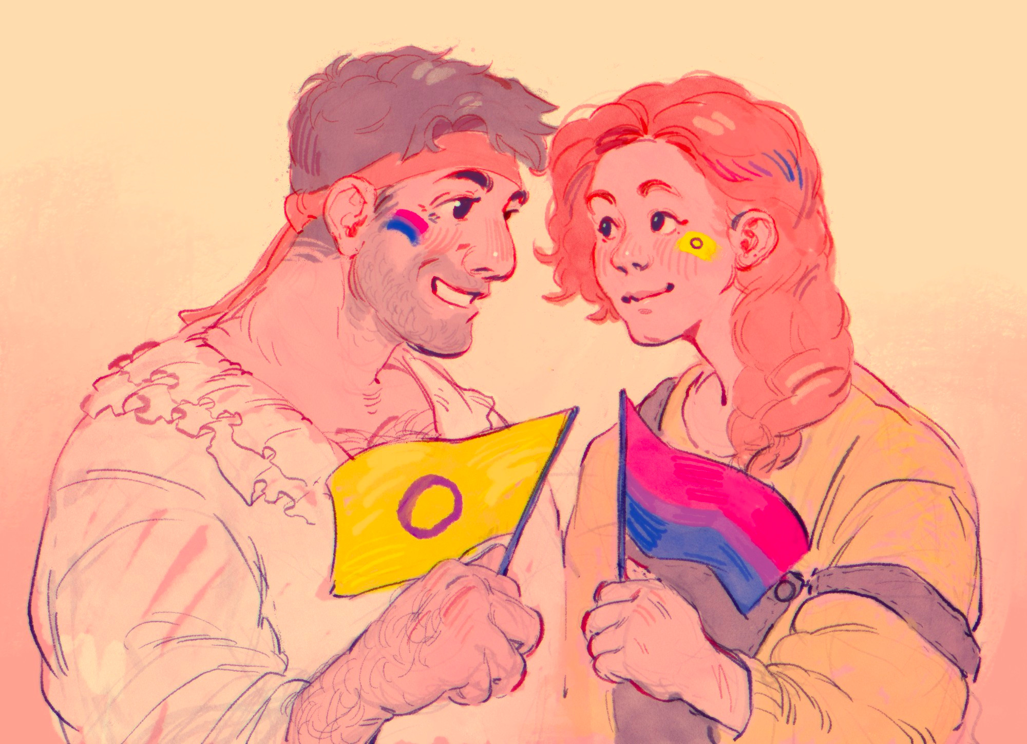 digital drawing of bdoubleo100 and geminitay, both with intersex and bisexual flags