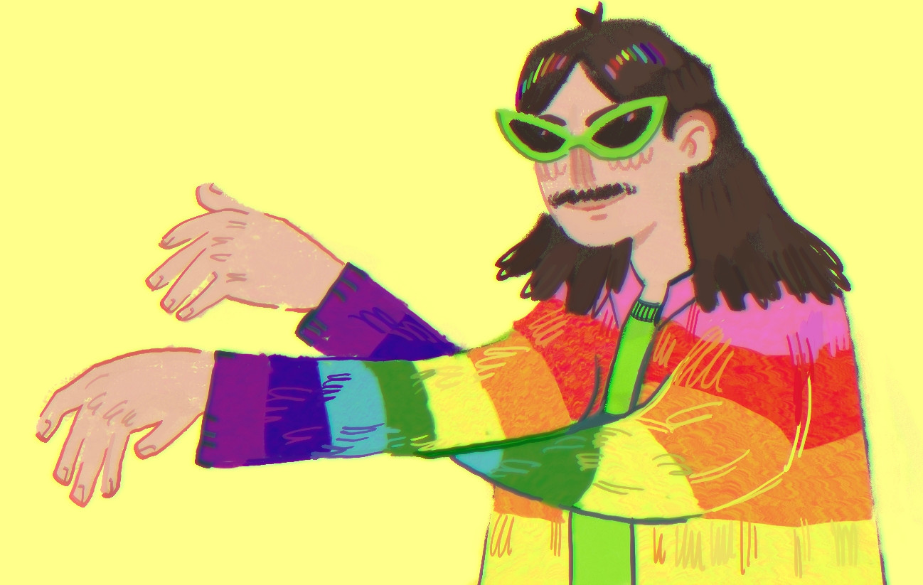 digital drawing of joehillssays in gilbert baker pride flag colored jacket