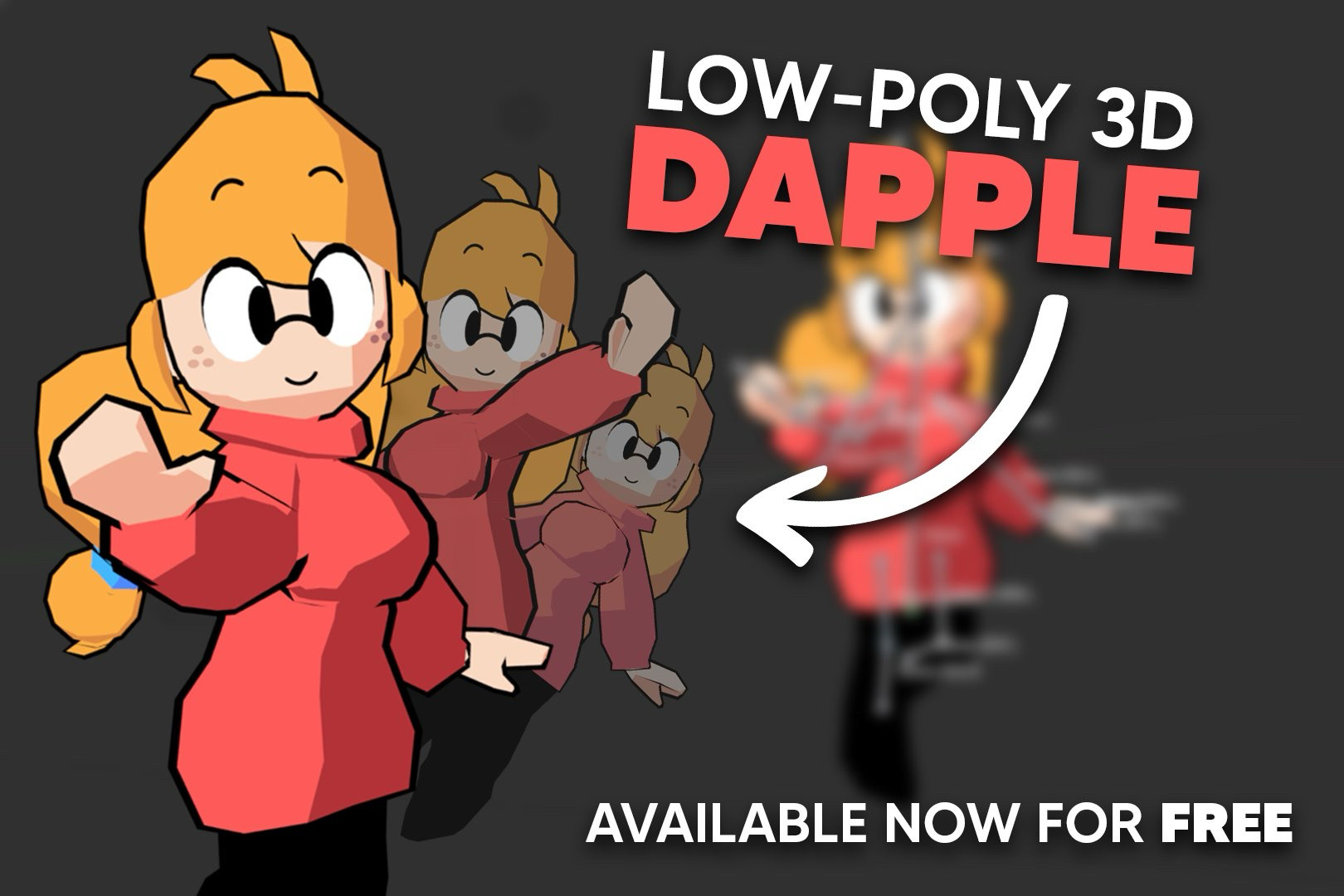 A 3D model of a girl in red. Text: "Low-Poly 3D Dapple." "Available now for FREE."