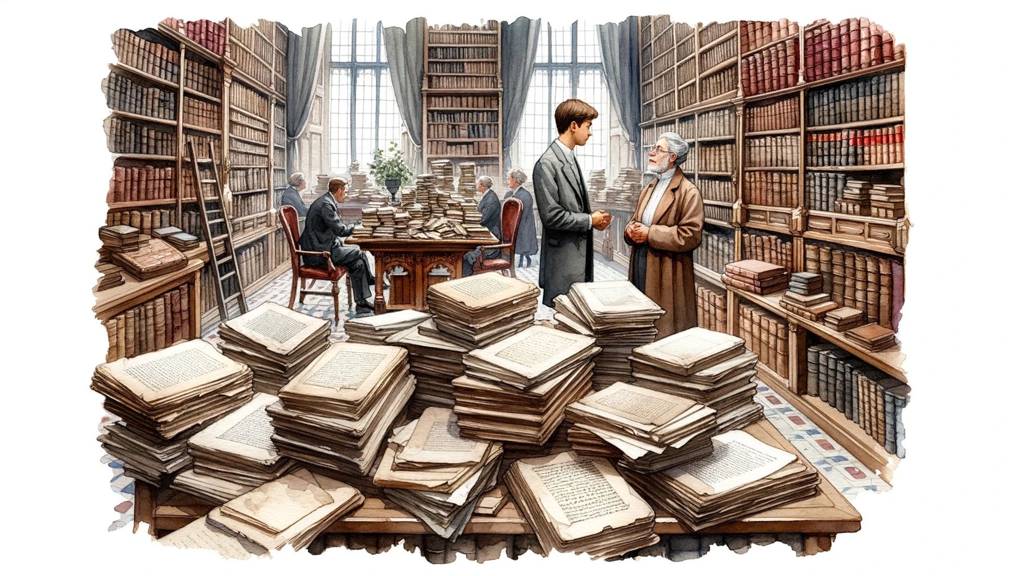 DALLE 3 Prompt: Watercolor painting of an old study room. Vintage books line the shelves, and in the center is a neglected heap of academic manuscripts. A young male student and an elderly female professor converse in the background, their focus away from the papers.