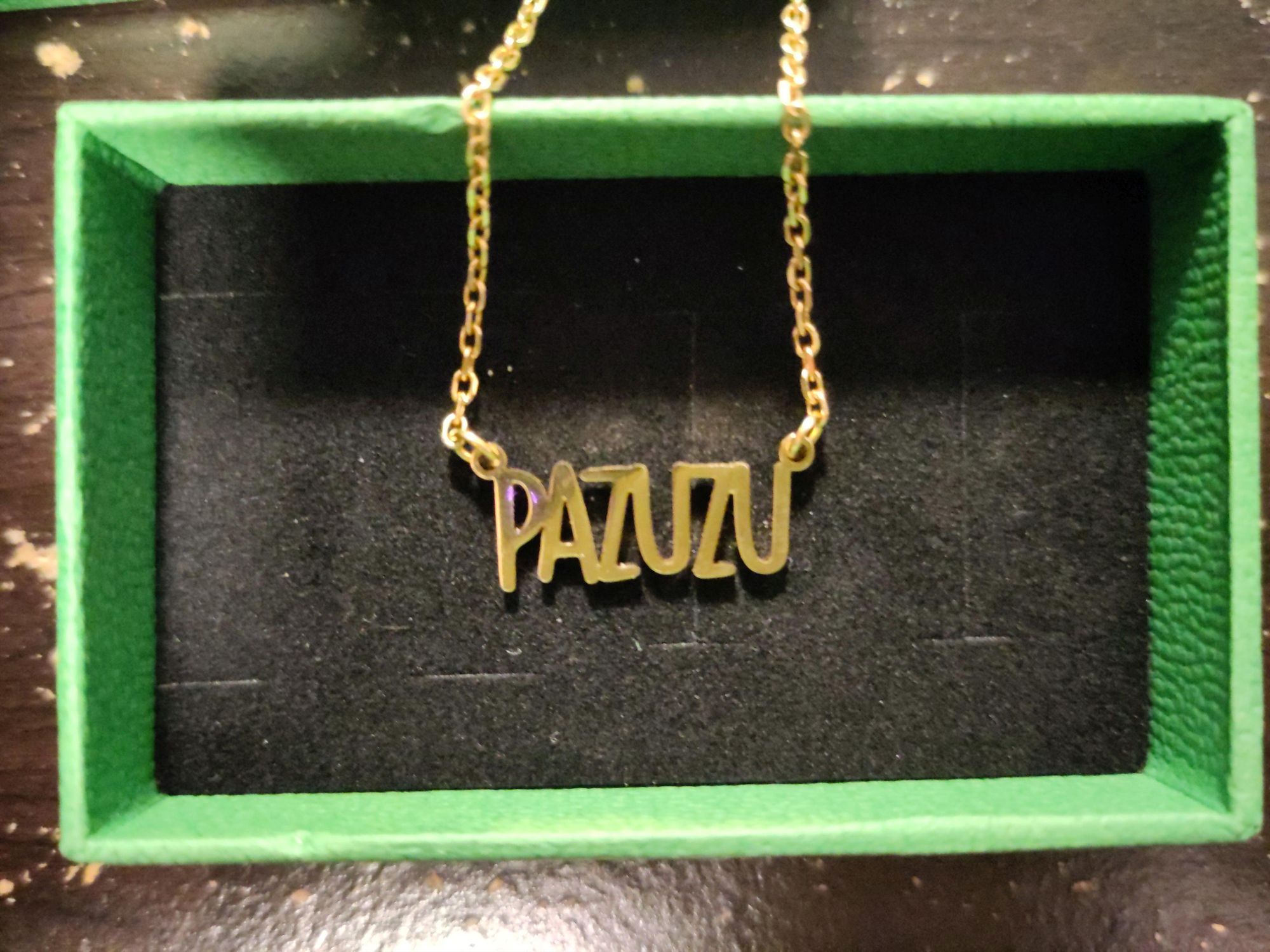 a green box with black felt inside. On top is a gold necklace with gold letters that spell out, pazuzu