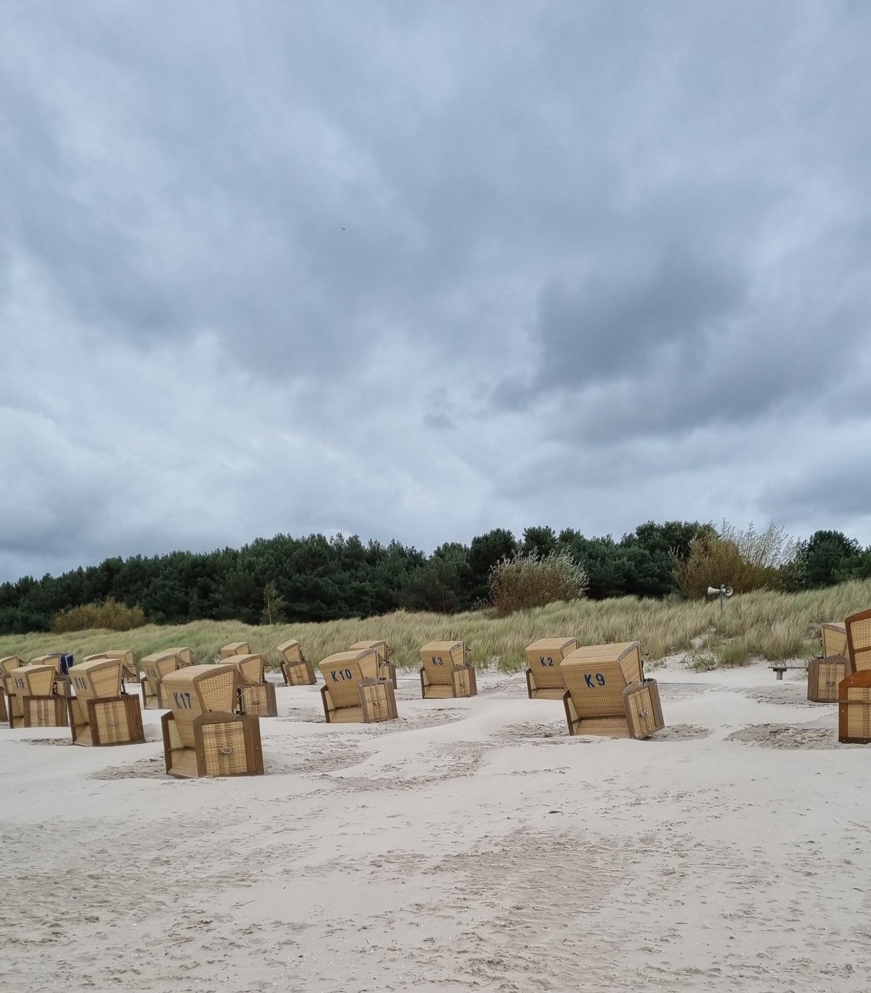 Am Strand von Usedom 
Der Himmel ist bedeckt 
Man sieht Strandkörbe