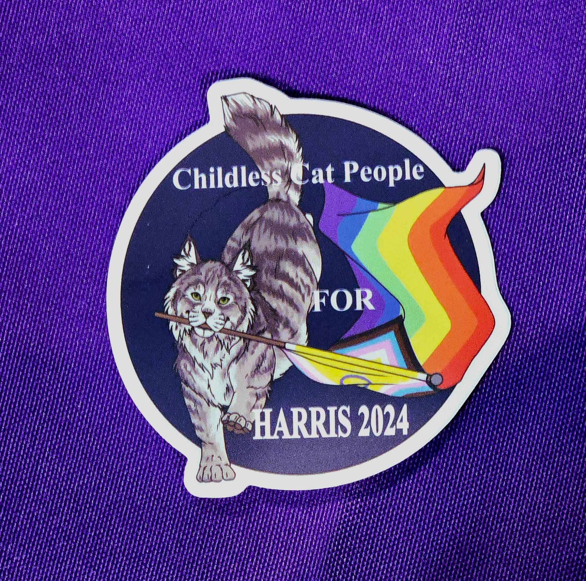 A picture depicting a tabby cat holding an LGBTQ+ inclusive flag that says Childless Cat People for Harris 2024

This is avaliable for purchase here: https://weaselsoneasels.etsy.com/listing/1788275542